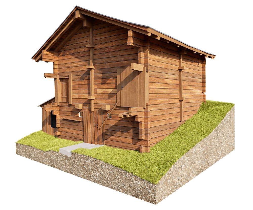 3D-Render eines traditionellen Holzhauses mit Satteldach auf grasbewachsenem Grundstück, seitliche Treppe und Eingang, aufgeschnittener Bodenquerschnitt sichtbar.