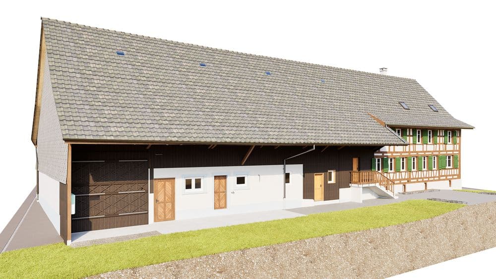 3D-Visualisierung eines traditionellen Bauernhauses mit großem Schieferdach, Scheunentor, Holzbalkon und Fachwerk-Anbau; Ansicht von der Seite auf weißem Hintergrund.