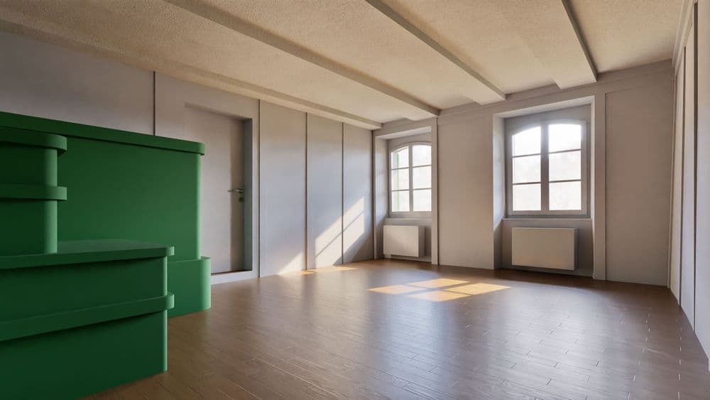 Leerer, heller Raum mit Holzboden, zwei großen Fenstern und Sonnenlicht; links ein grüner Container in einem renovierten Innenraum.