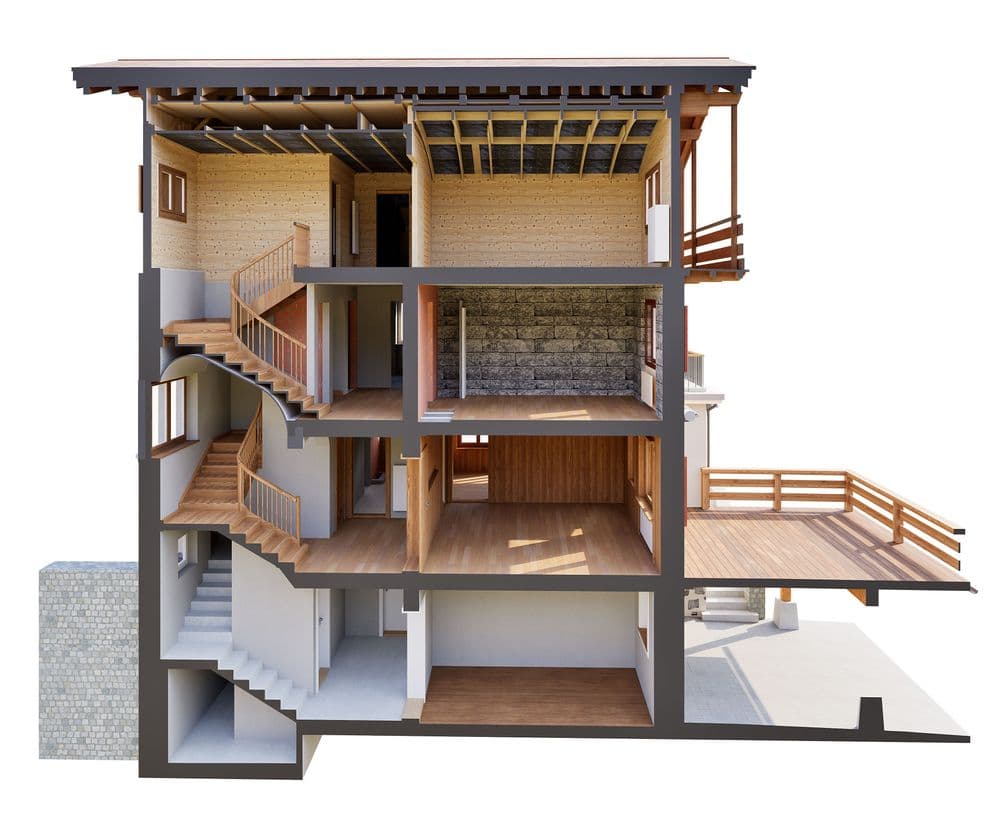 3D-Schnittmodell eines mehrstöckigen Holzhauses mit Treppenhaus, offenen Innenräumen, Dachkonstruktion und großer Terrasse; Architektur-Visualisierung als Querschnitt auf weißem Hintergrund.