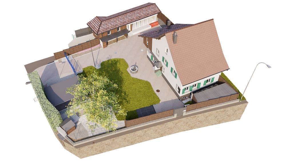 3D-Visualisierung eines Wohnhauses mit Hof und Garten, Baum, Einfahrt und Nebengebäuden, umgeben von Mauern und Zaun – Vogelperspektive eines Grundstückslayouts.