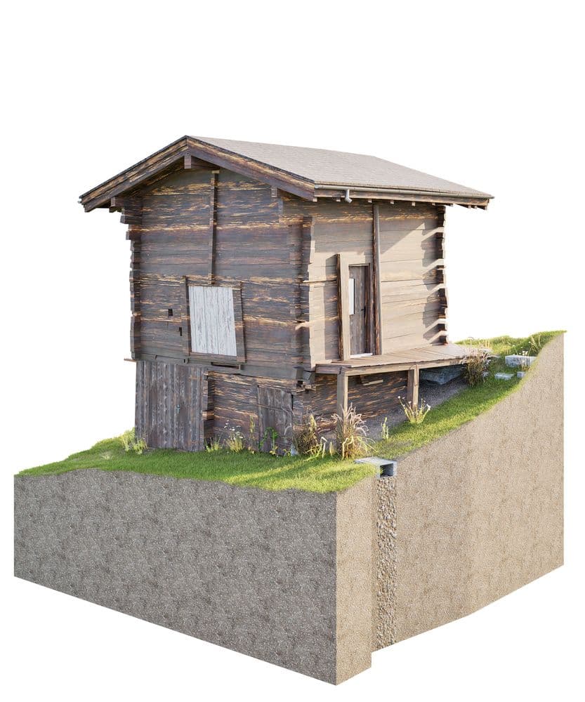 Holzhaus auf einem Hügel mit Gras, detaillierte Darstellung.