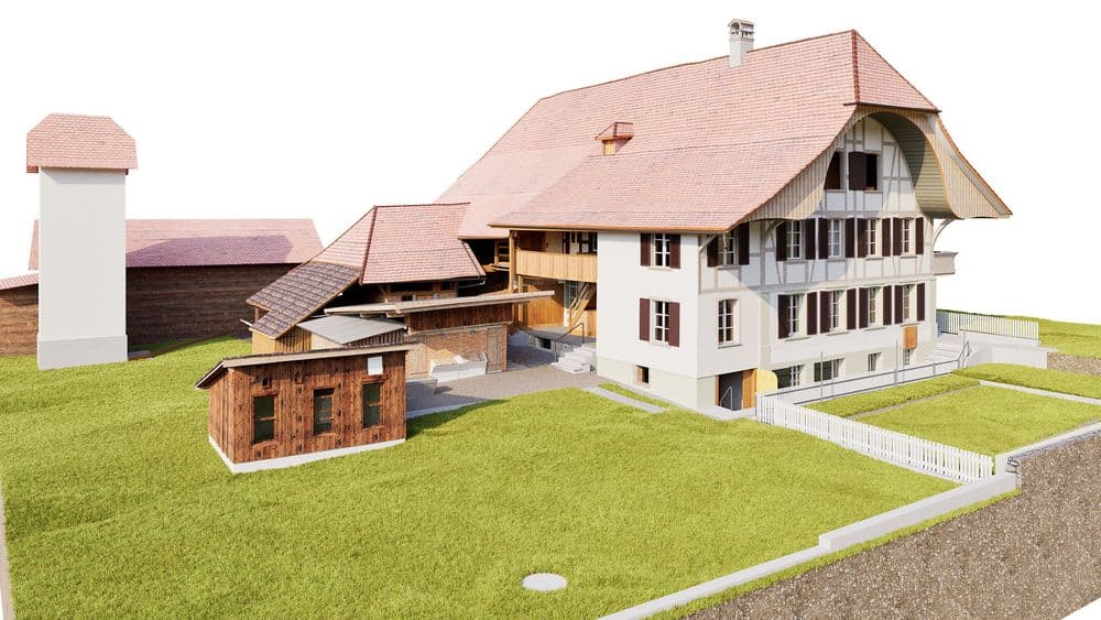 3D-Architekturvisualisierung eines großen Bauernhauses mit rotem Ziegeldach, Nebengebäuden und Hof auf grüner Wiese, weißer Holzzaun und Turm, helle Außenansicht.