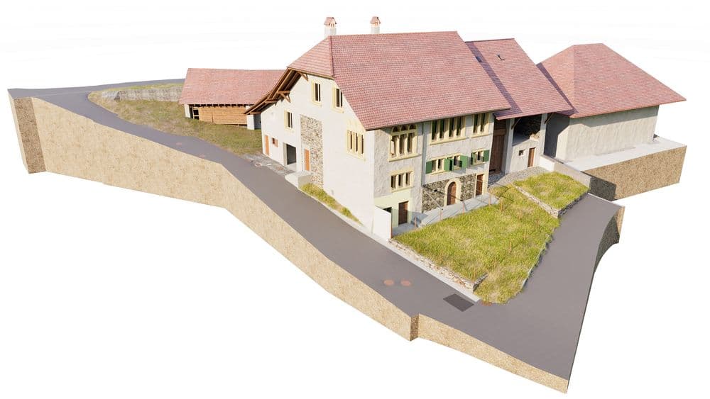 Das Bild zeigt ein 3D-Modell eines traditionellen Gebäudekomplexes mit roten Dächern, umgeben von einer gepflasterten Fläche und begrünten Bereichen.