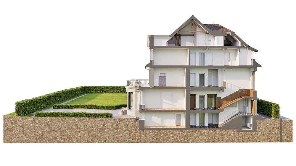 Ein modernes dreistöckiges Haus im Querschnitt mit Garten, Treppen, Holzdach und Terrassen.