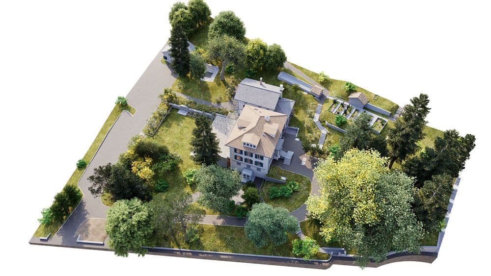 Vogelperspektive eines Grundstücks mit mehrstöckiger Villa, Gartenanlage, Bäumen, Wegen und Nebengebäuden – 3D-Architekturvisualisierung eines Wohnareals.