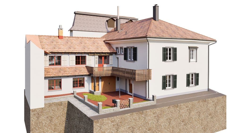 3D-Architekturvisualisierung eines Wohnhauses mit Anbau, Ziegeldach, Balkon und Terrasse im Schnitt mit Erdreich, weiße Fassade, Fensterläden und Innenhof auf weißem Hintergrund.