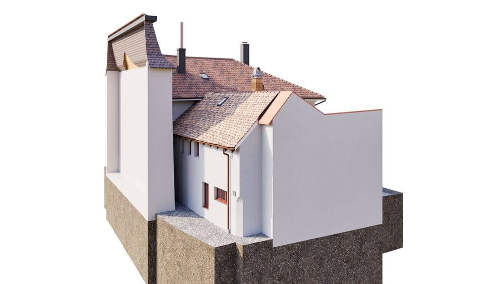 3D-Architekturmodell eines Wohnhauses mit Satteldach und Schornsteinen, teilweise geschnittene Außenwände zur Innenansicht, auf weißem Hintergrund.