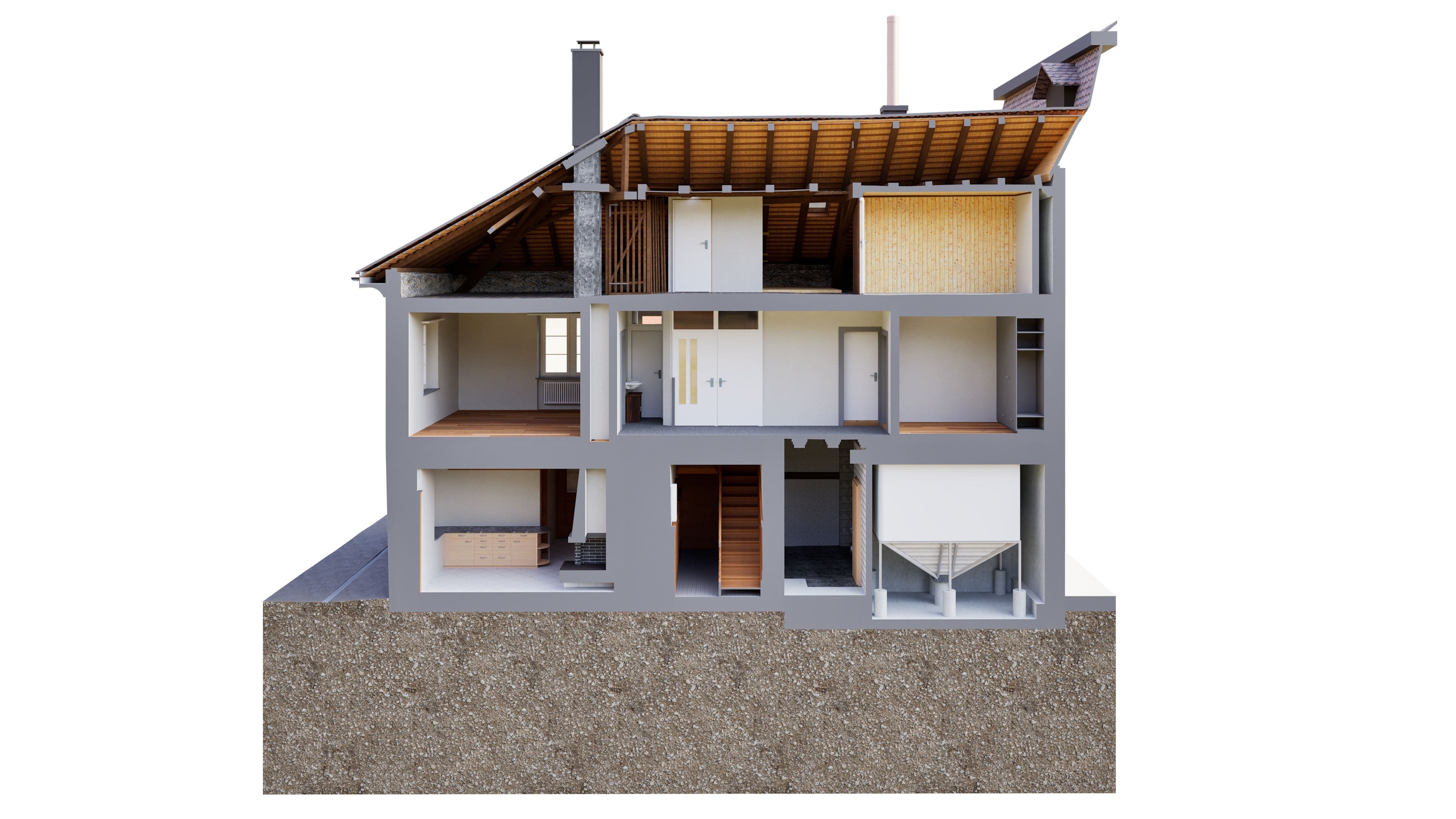 3D-Schnittmodell eines Hauses mit mehreren Etagen, Dachstuhl und Innenräumen; Querschnitt zeigt Wände, Decken, Treppe und Fundament auf weißem Hintergrund.