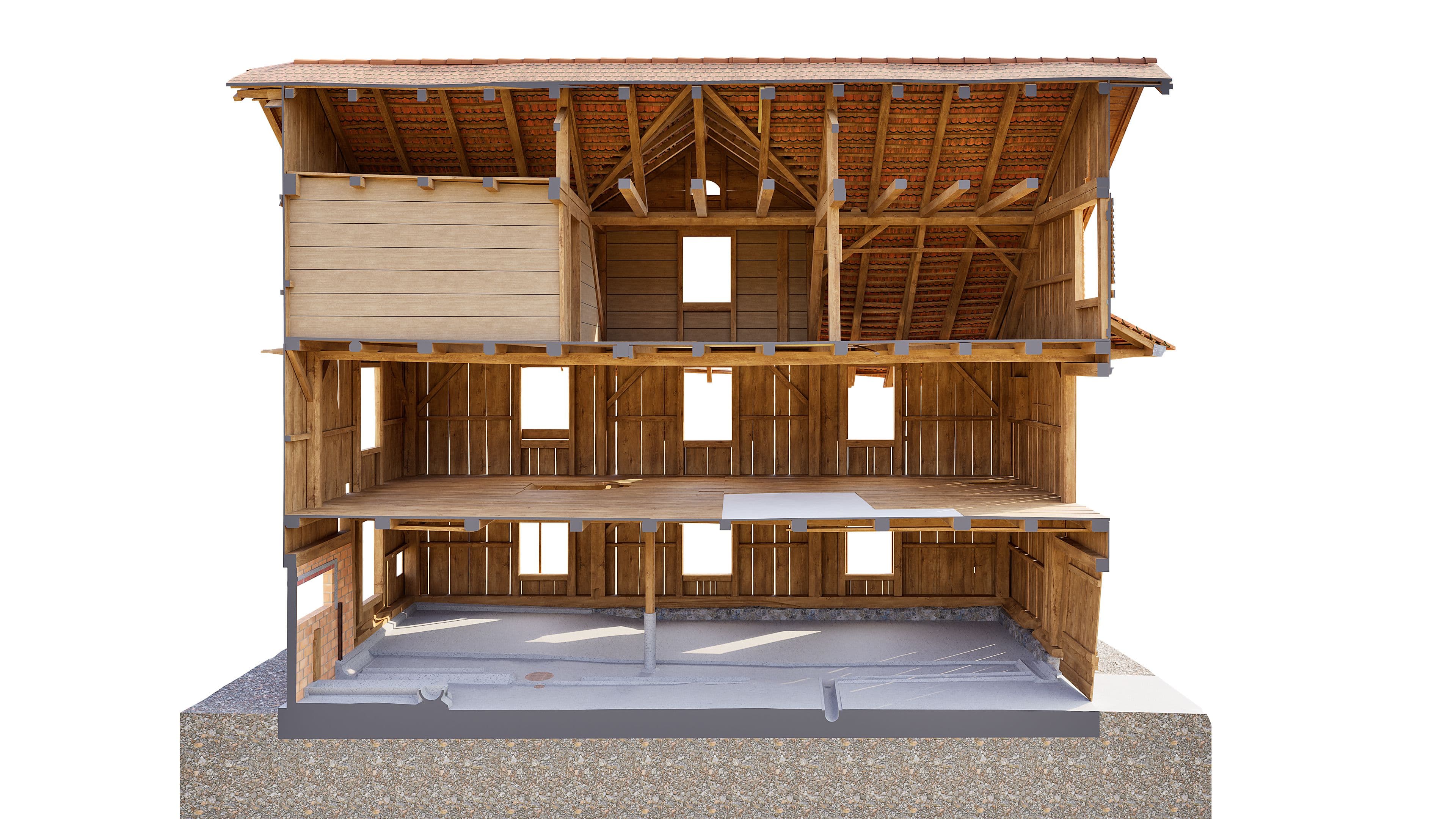 3D-Visualisierung eines Haus-Querschnitts: mehrstöckiger Holzrahmenbau im Rohbau mit sichtbaren Balken, Dachstuhl, Fensteröffnungen und Fundament auf weißem Hintergrund.