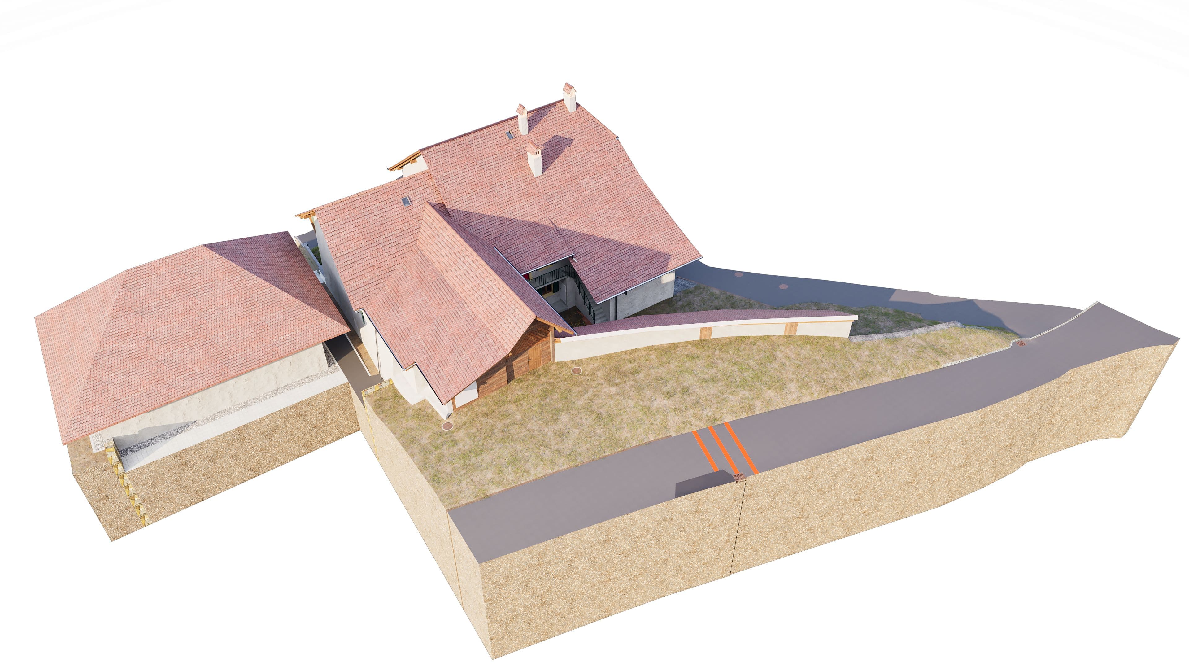 Ein 3D-Modell eines Hauses mit rotem Ziegeldach, umgeben von einer Mauer und einer asphaltierten Zufahrt.