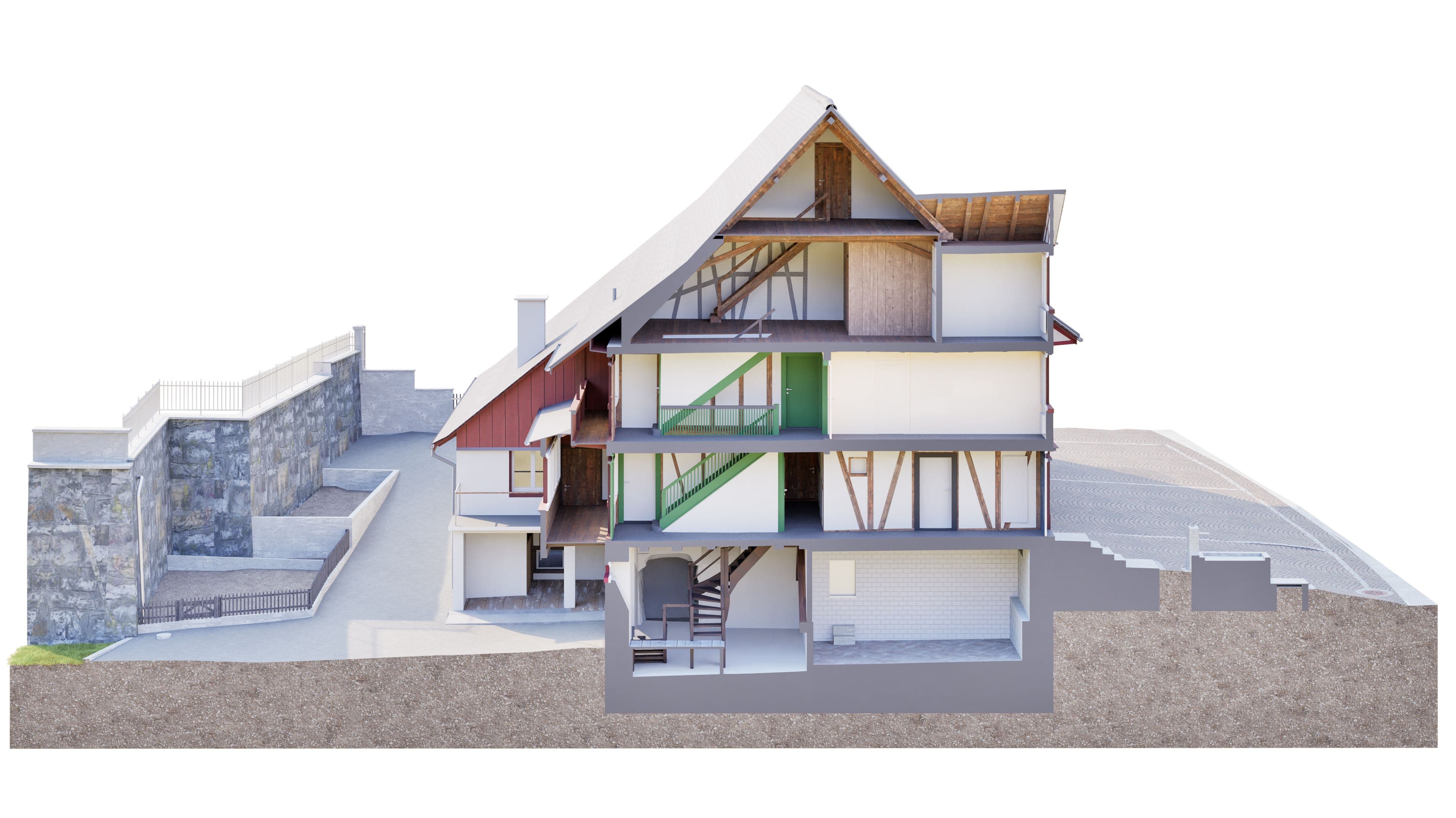 Architektonischer Gebäudeschnitt eines Hauses: 3D-Visualisierung mit sichtbaren Innenräumen, Treppen, Holzbalken, Dachkonstruktion und angrenzender Steinmauer auf weißem Hintergrund.