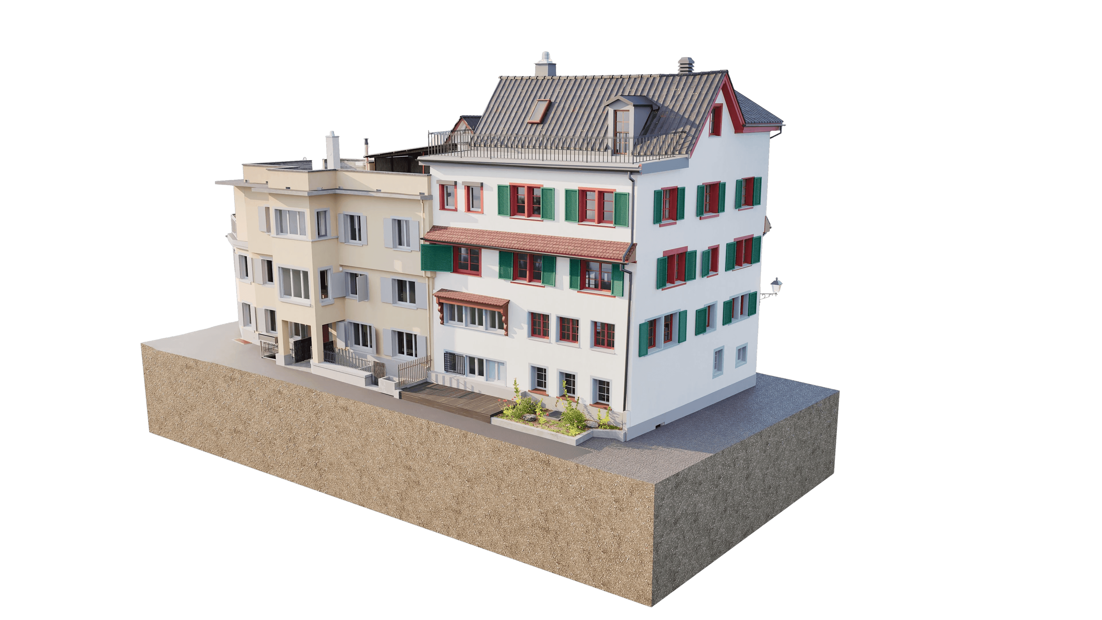 Ein modernes Gebäude in realistischem 3D-Rendering, mit traditionellen architektonischen Details, auf einem rechteckigen Fundament.