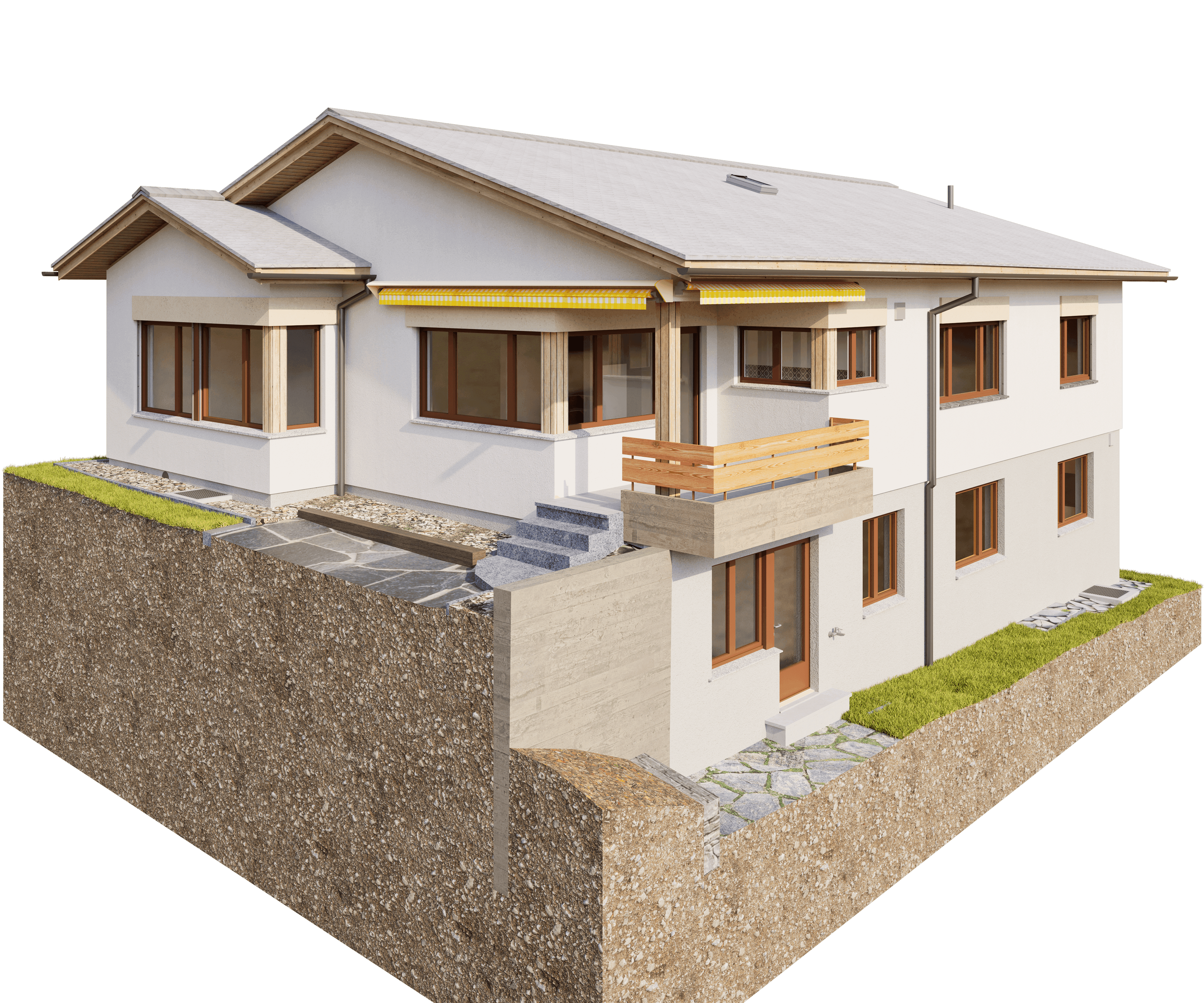 3D-Architekturvisualisierung eines modernen zweigeschossigen Einfamilienhauses am Hang mit Balkon, großen Fenstern, Treppe und Gartenmauer, Isometrieansicht außen.