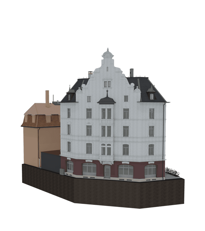 Ein klassisches fünfstöckiges Gebäude mit weißer Fassade und dunklem Dach, an ein kleineres braunes Haus grenzend.