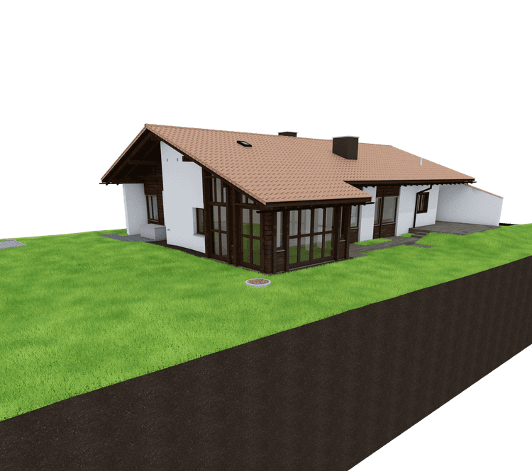 Einfamilienhaus mit Satteldach, weißen Wänden und großen Fenstern auf grünem Rasen, 3D-Darstellung.