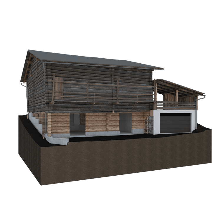 Ein modernes Holzhaus mit großem Balkon auf stufigem Untergrund.