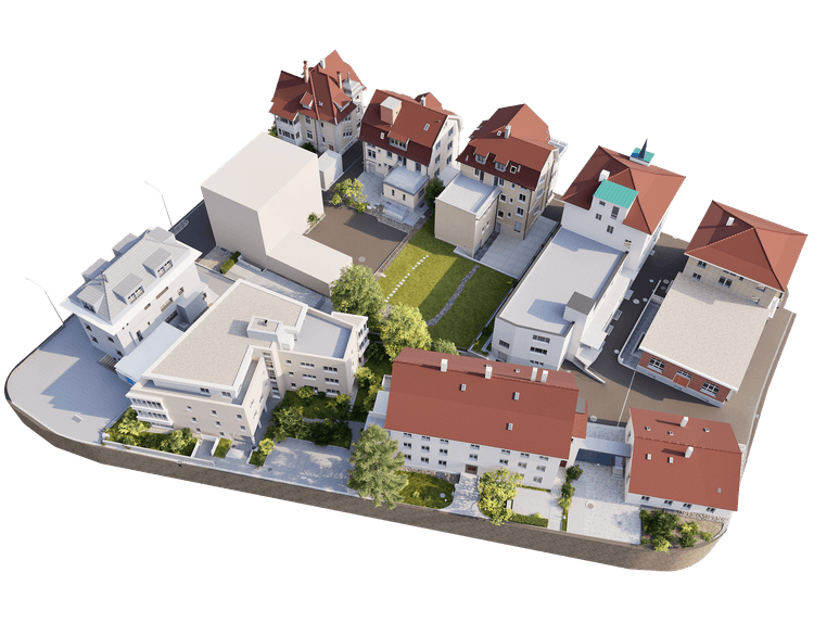 3D-Visualisierung eines Wohnquartiers mit mehreren Häusern, roten und weißen Dächern, Grünflächen und Innenhof in Vogelperspektive, modernes Stadtviertel-Architekturmodell für Planung und Immobilienpräsentation