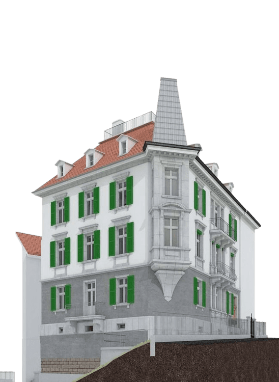 Ein weißes historisches Gebäude mit grünen Fensterläden und rotem Ziegeldach, aufgenommen aus einem erhöhten Blickwinkel.