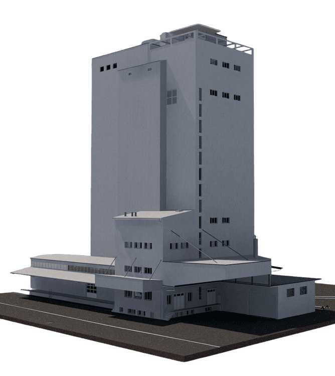Ein modernes, graues Hochhaus mit mehreren Stockwerken und künstlerischen Akzenten. Ideal für SEO und Zugänglichkeit.