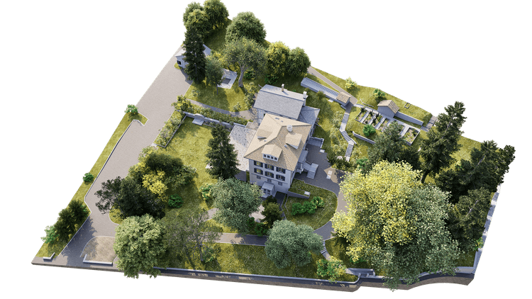 Luftaufnahme eines großen Grundstücks mit Villa, Gartenanlagen, Wegen und vielen Bäumen – 3D-Visualisierung/Architektur-Rendering eines Wohnanwesens mit Nebengebäuden und Zufahrt.