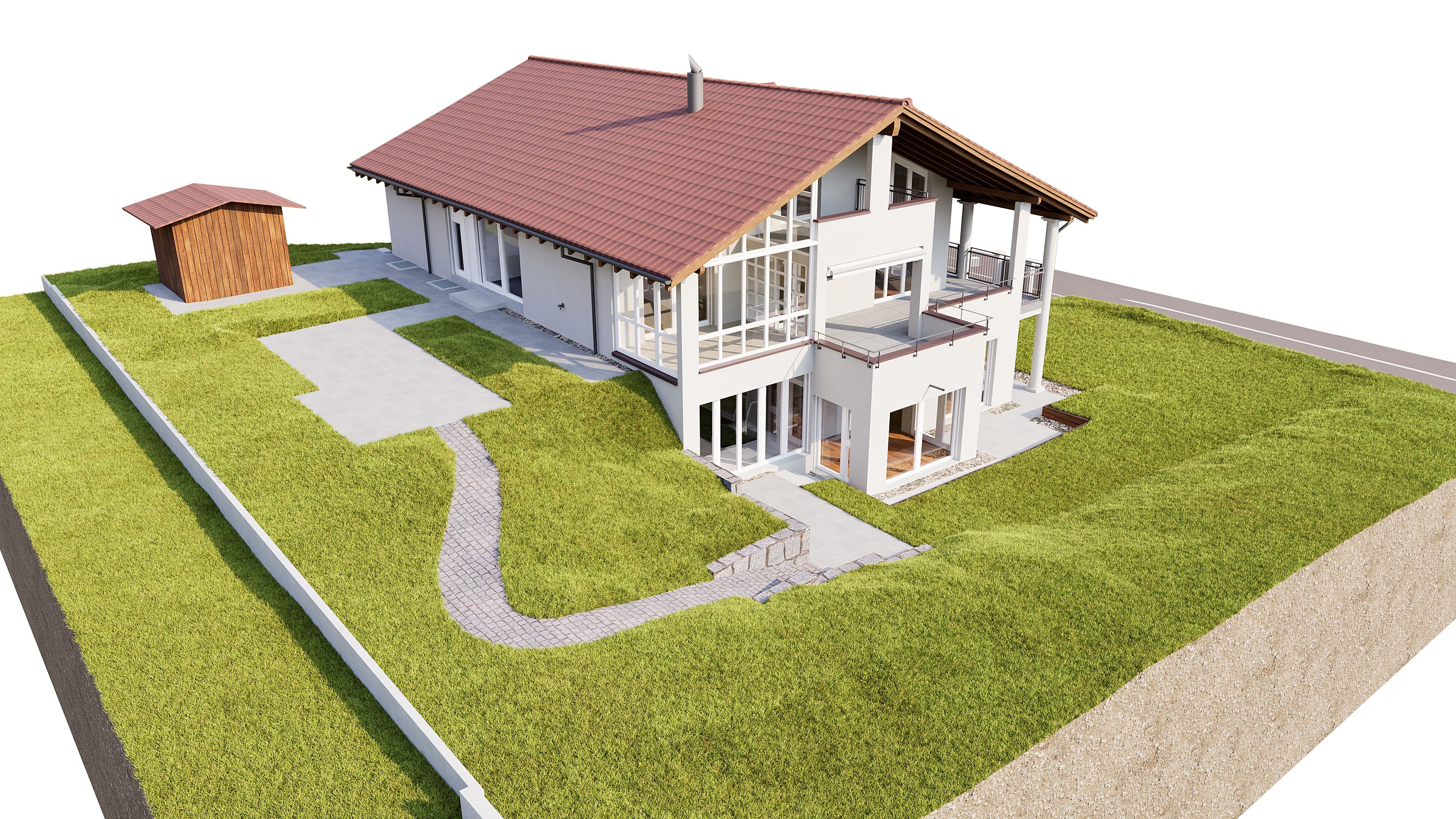 3D-Visualisierung eines modernen Einfamilienhauses mit Satteldach, großen Fenstern und Balkon, auf grünem Grundstück mit Zufahrt, Gehwegen und kleinem Holzschuppen, Ansicht aus der Vogelperspektive.