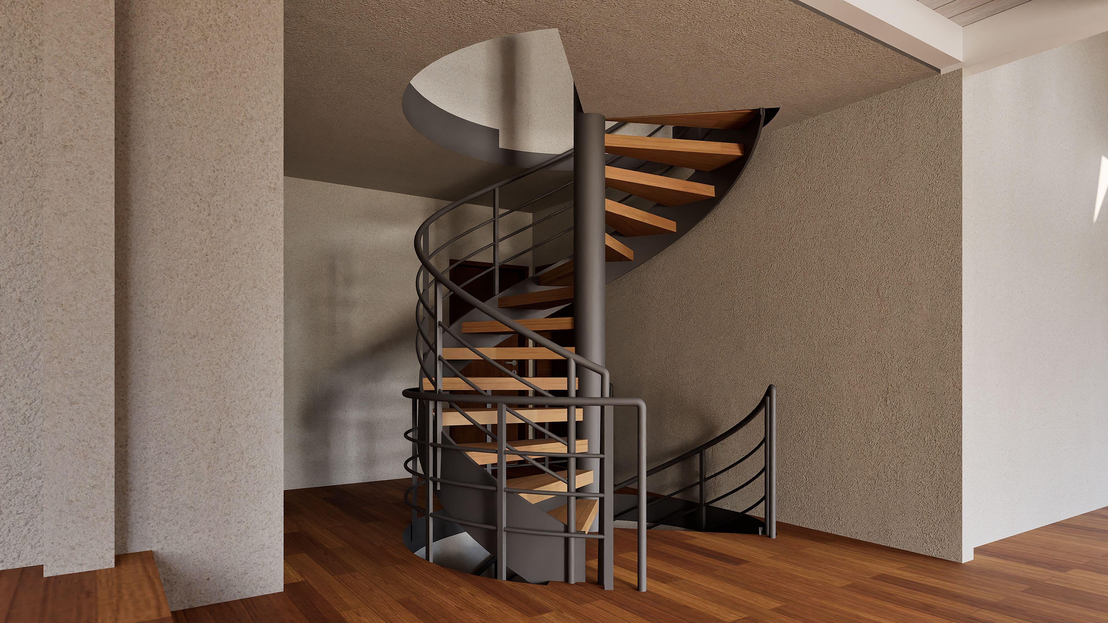 Moderne Wendeltreppe aus Metall mit Holzstufen in minimalistischer Innenarchitektur, graue Wände und Holzboden, Blick auf Treppenaufgang mit Geländer.