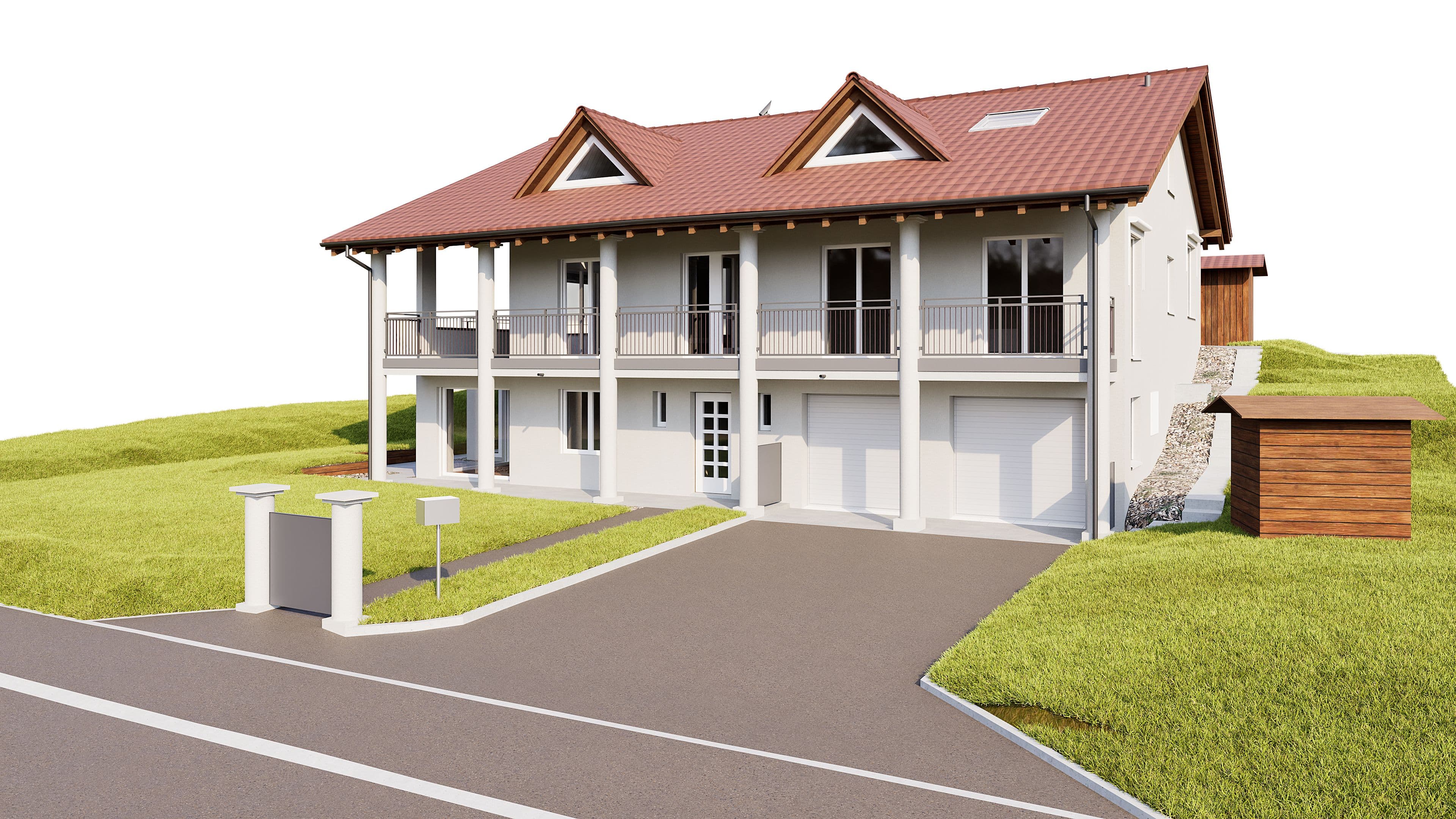3D-Visualisierung eines modernen Mehrfamilienhauses mit rotem Satteldach, Balkonen und Garage, auf Hanggrundstück mit Zufahrt, Briefkastenanlage und Grünflächen.