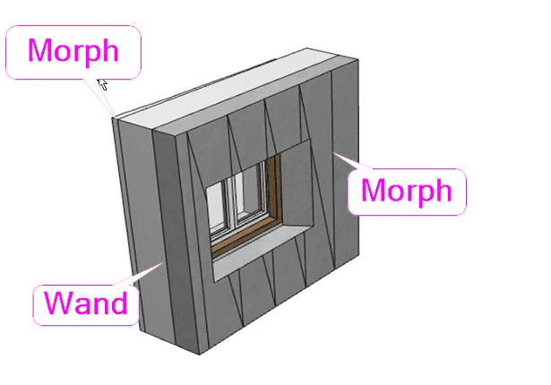 3D-Grafik einer Wand mit Fensteröffnung; markierte Bereiche „Morph“ und „Wand“ zeigen Bauteile/Segmente der Fassade.