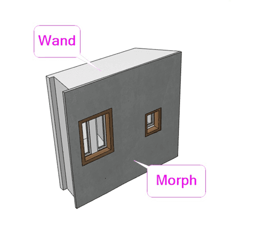 3D-Modell einer grauen Wand mit zwei Fenstern, beschriftet „Wand“ und „Morph“, als CAD-/Architektur-Darstellung zur Bearbeitung von Bauteilen.