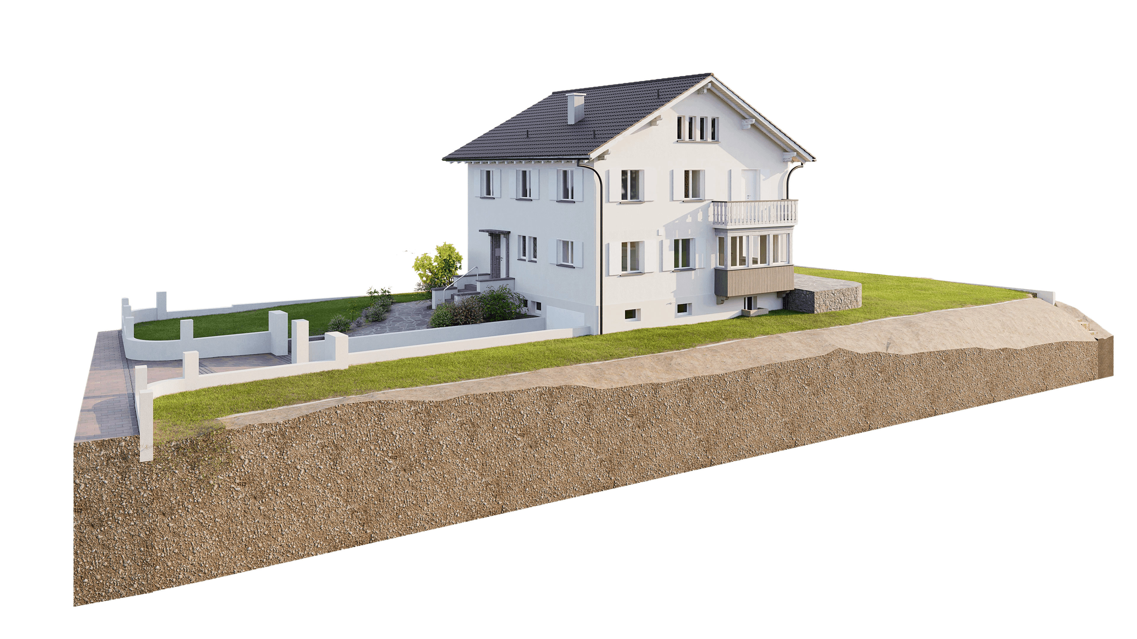 Ein modernes zweistöckiges Einfamilienhaus mit Garten und Terrasse, umgeben von Rasenfläche und Einfriedung.