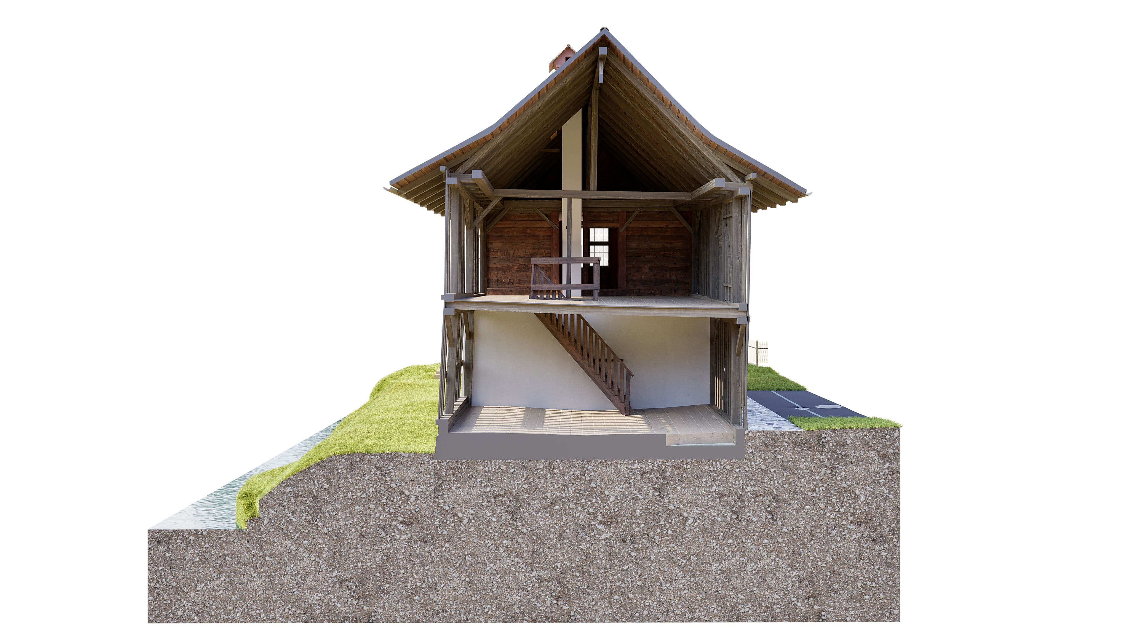 Gebäudeschnitt eines Hauses mit detaillierter Innenansicht, zeigt die Architektur und Raumaufteilung über zwei Etagen.