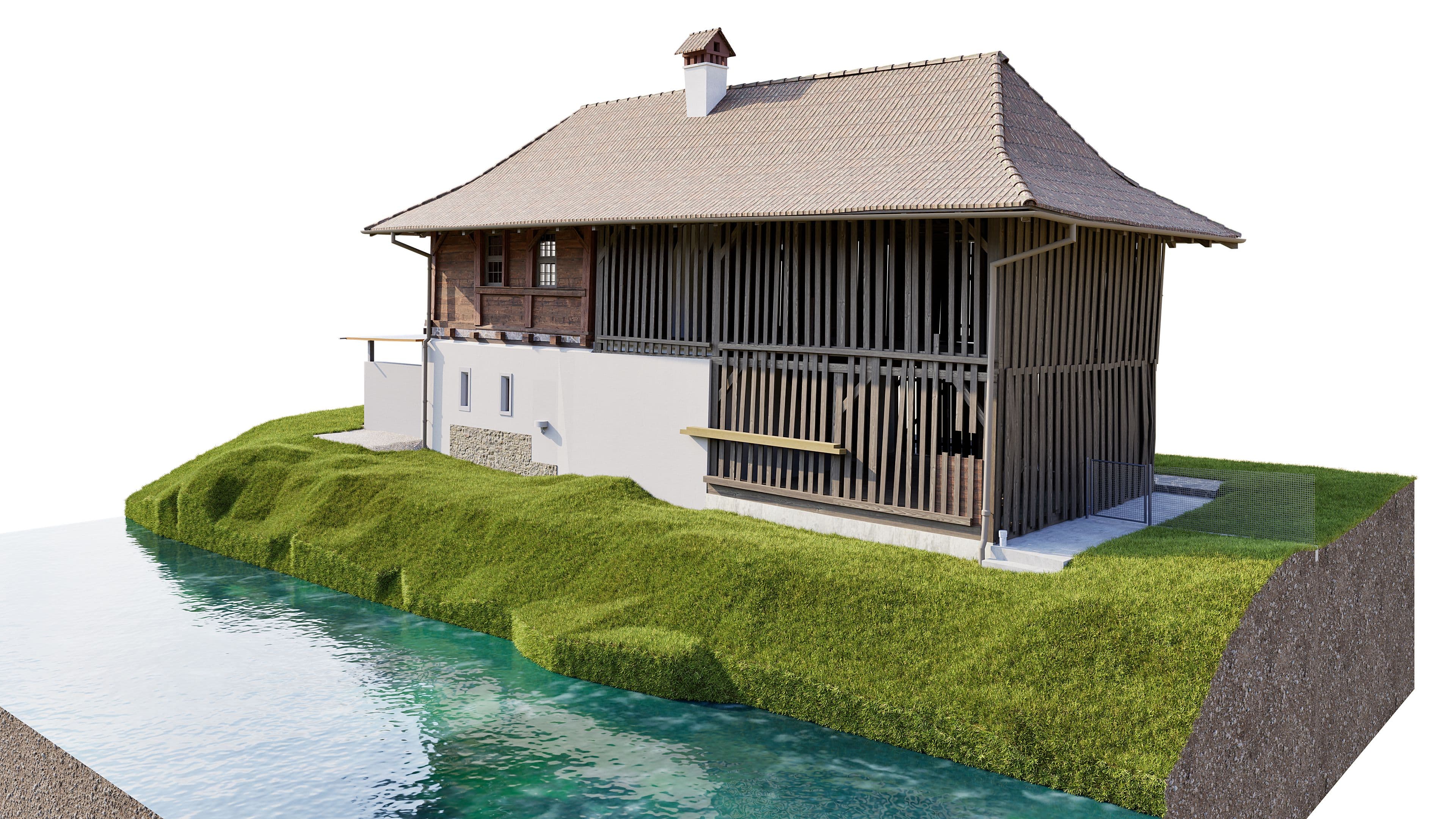Ein traditionelles Bauernhaus am Hang mit Holzfassade und Strohdach, umgeben von einem Fluss und grünen Wiesen.