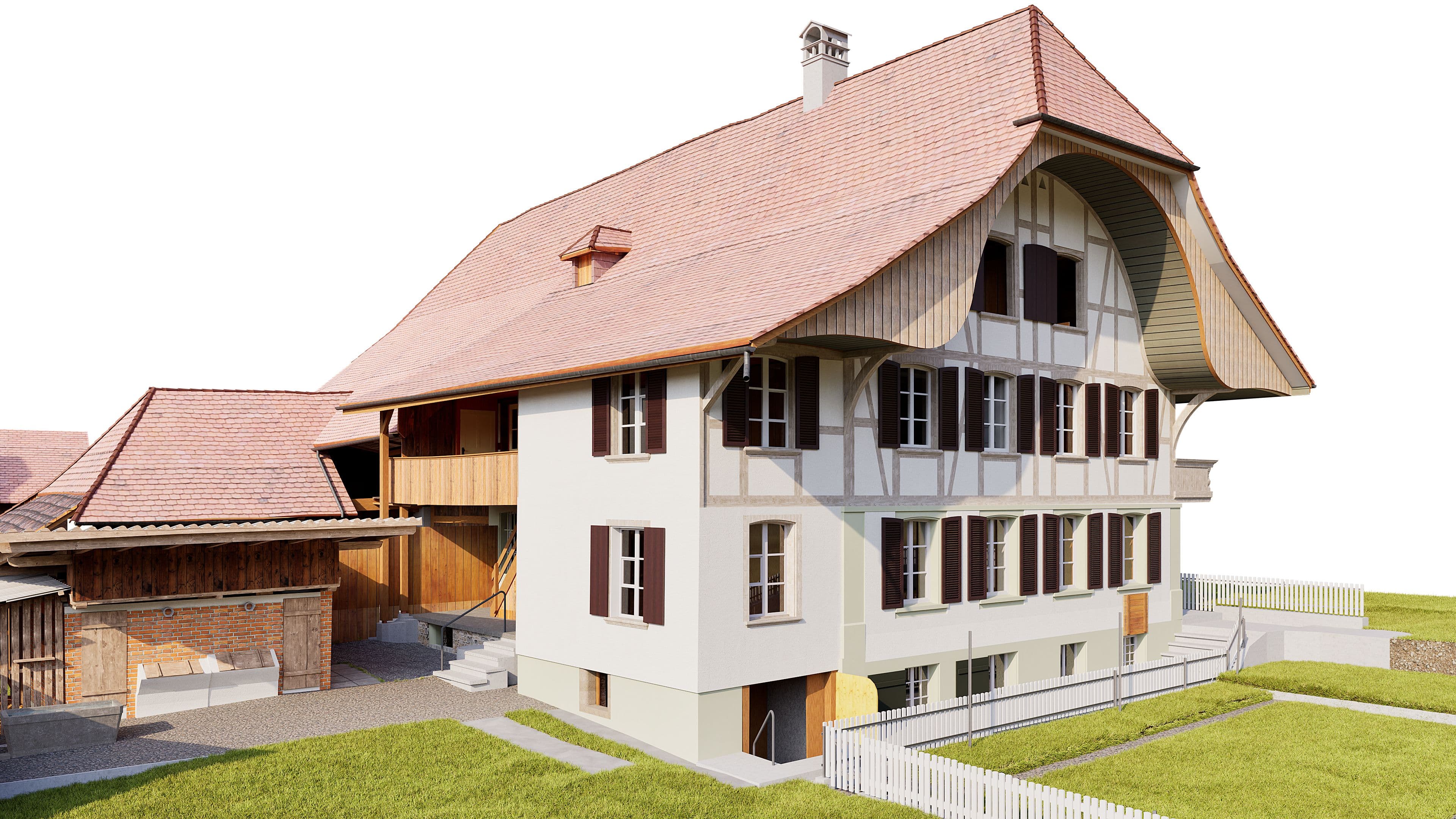 3D-Visualisierung eines traditionellen Schweizer Bauernhauses mit großem Satteldach, weißer Fassade, Holzdetails und angebauter Scheune, umgeben von Grünfläche und Zaun.