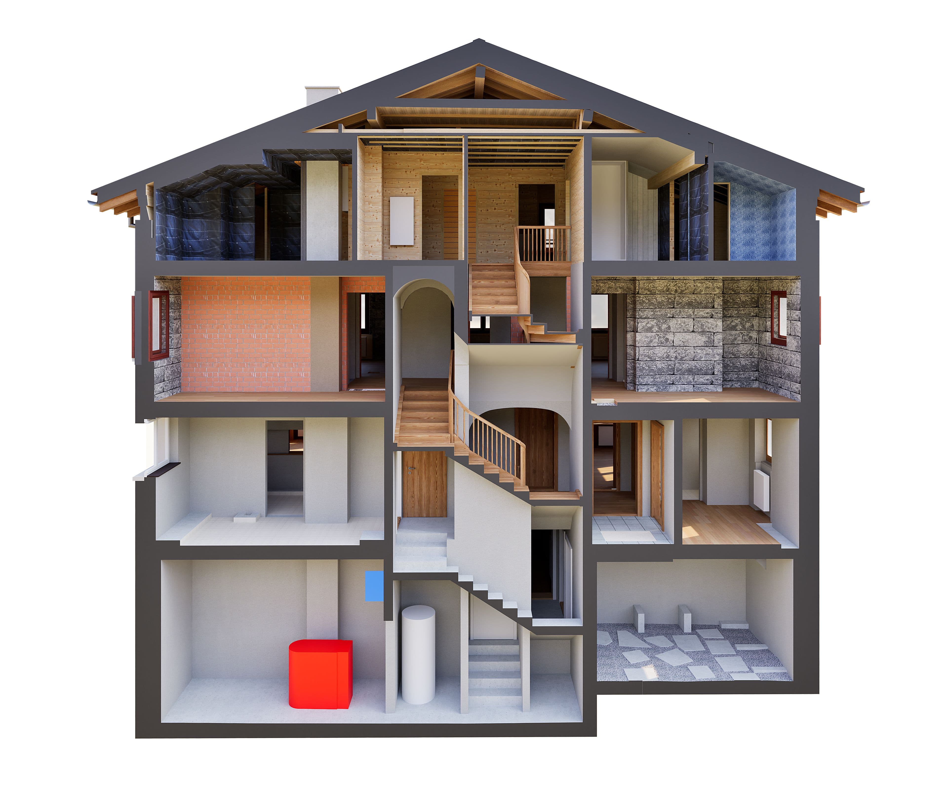 3D-Schnittmodell eines zweistöckigen Hauses mit Dachgeschoss und Keller, zeigt Räume, Treppenhaus, Innenwände und Materialien wie Holz, Ziegel und Beton – Architektur-Visualisierung im Querschnitt.