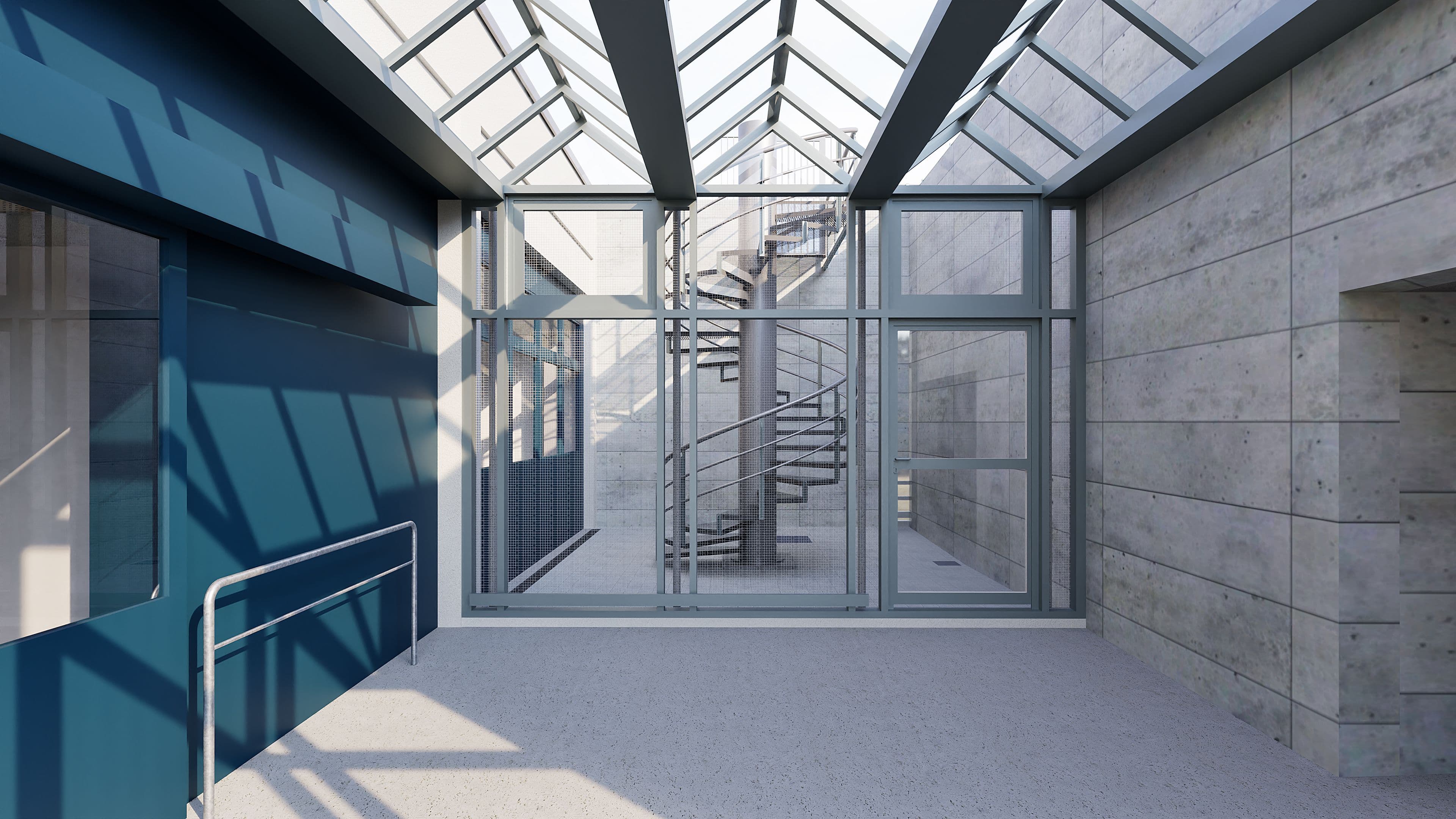 Moderner Industrie-Innenhof mit Glasdach, Betonwänden und großen Fensterfronten; Blick auf Metall-Spindeltreppe und Laufsteg, lichtdurchflutete Architektur in minimalistischer Gestaltung.