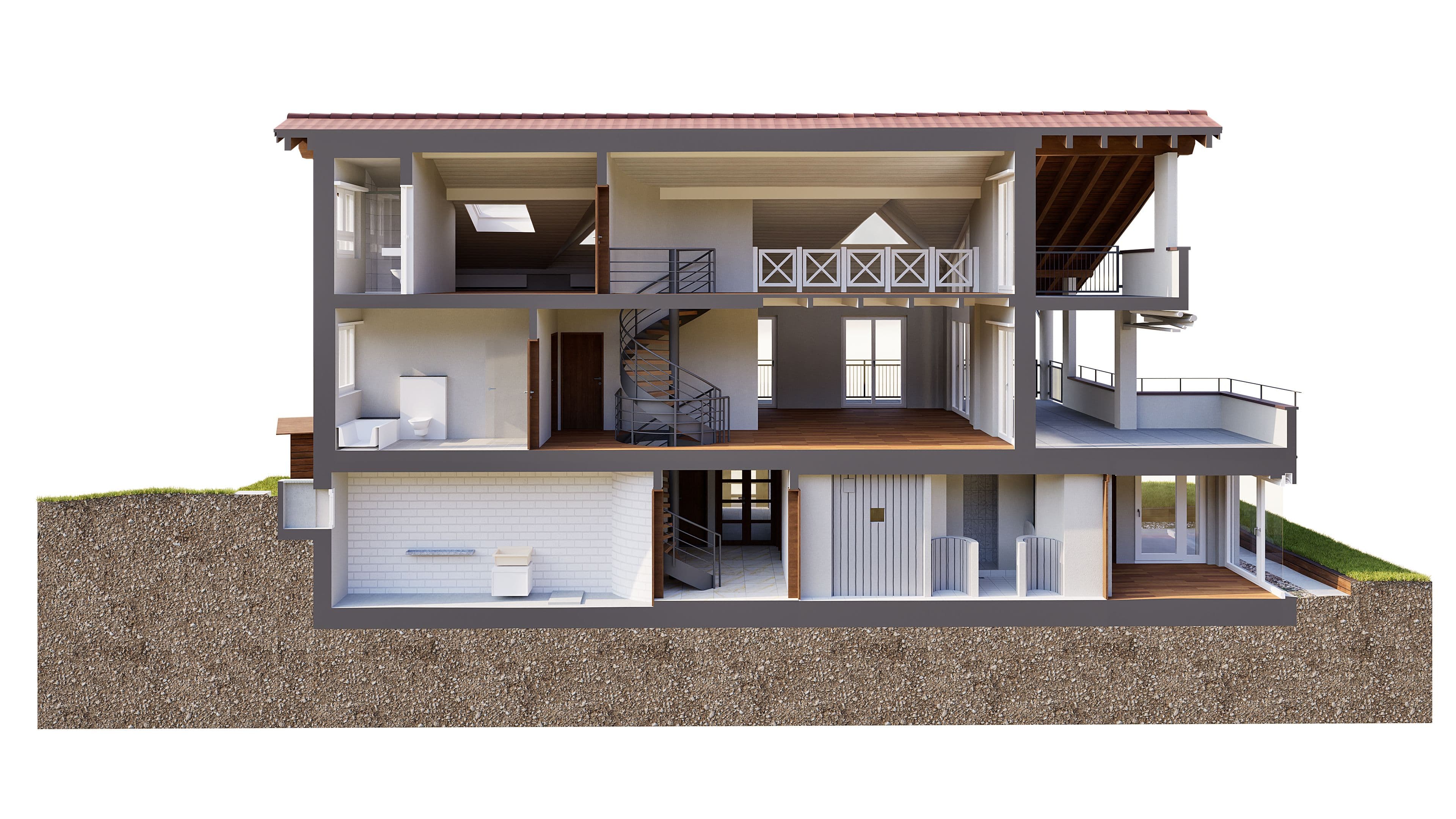 3D-Schnittansicht eines zweistöckigen Hauses mit Keller: Innenräume, Treppenhaus, Garage, Balkon und Terrasse sichtbar; architektonische Visualisierung im Querschnitt.
