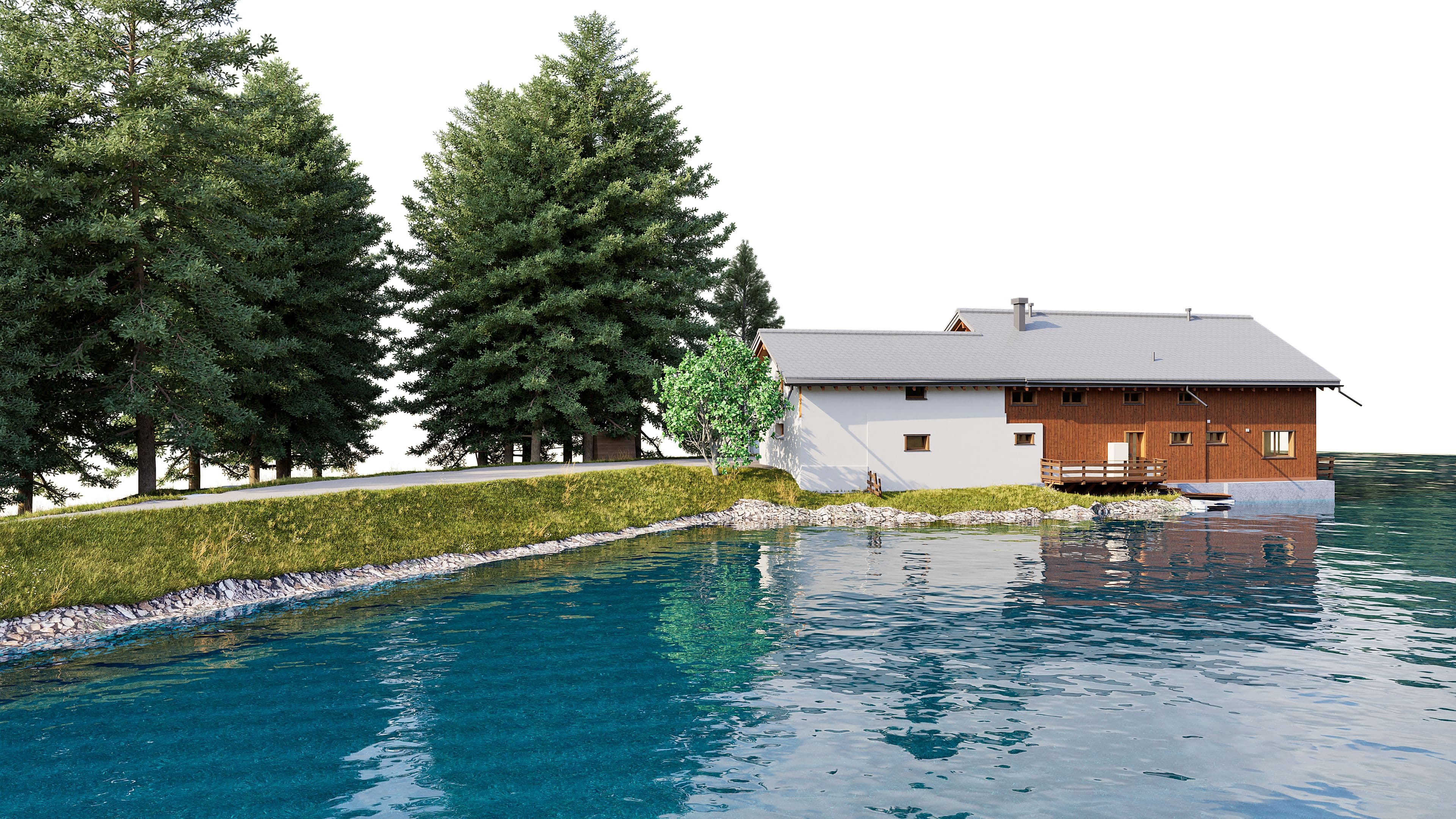 3D-Visualisierung eines modernen Seehauses mit Holzfassade am Ufer, umgeben von Nadelbäumen; ruhige Wasseroberfläche mit Spiegelungen, Wiese und Steinböschung am Rand.