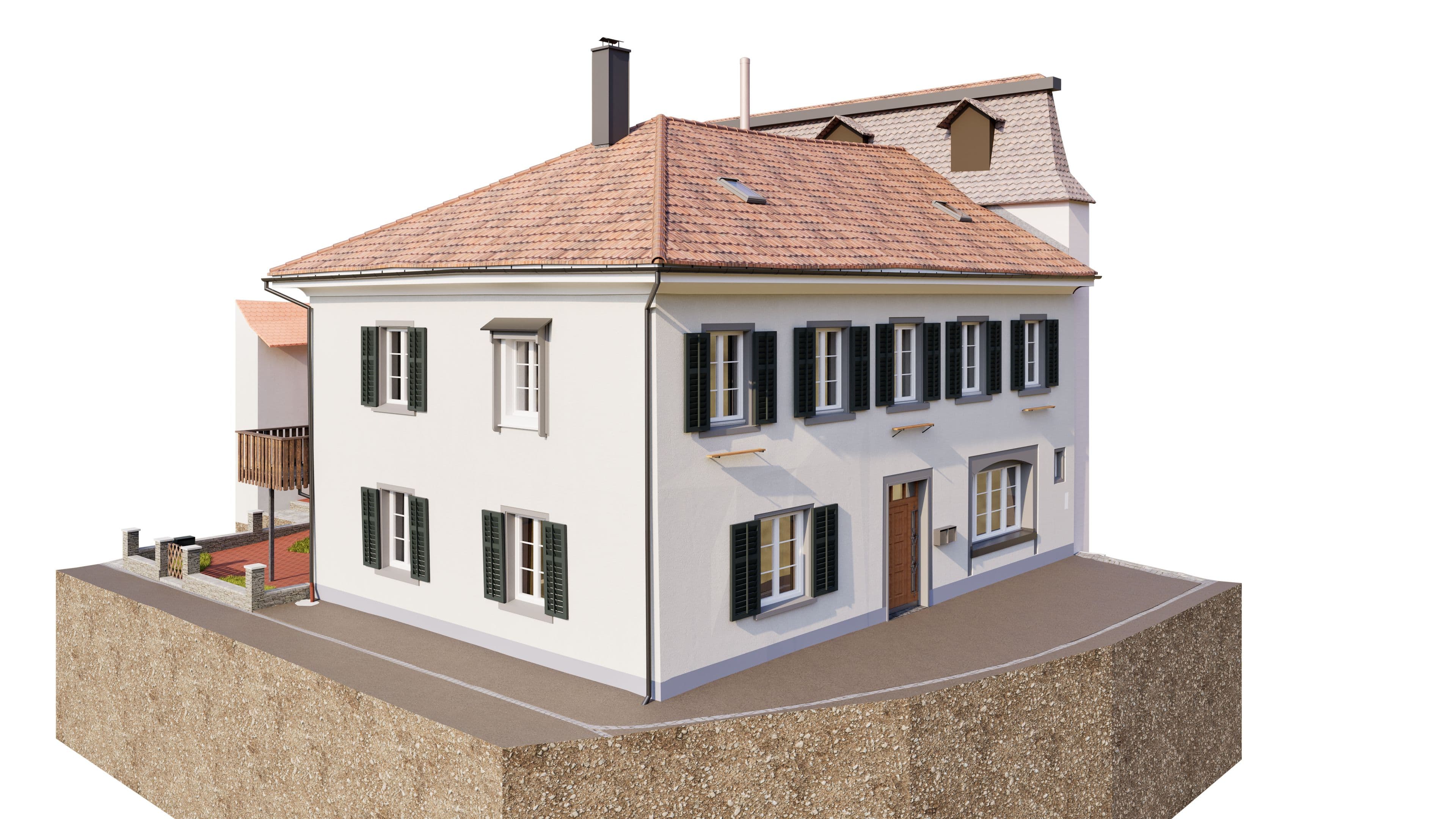 3D-Rendering eines zweistöckigen weißen Wohnhauses mit rotem Ziegeldach, Fensterläden und Kellerquerschnitt im Erdreich, isoliert auf weißem Hintergrund.