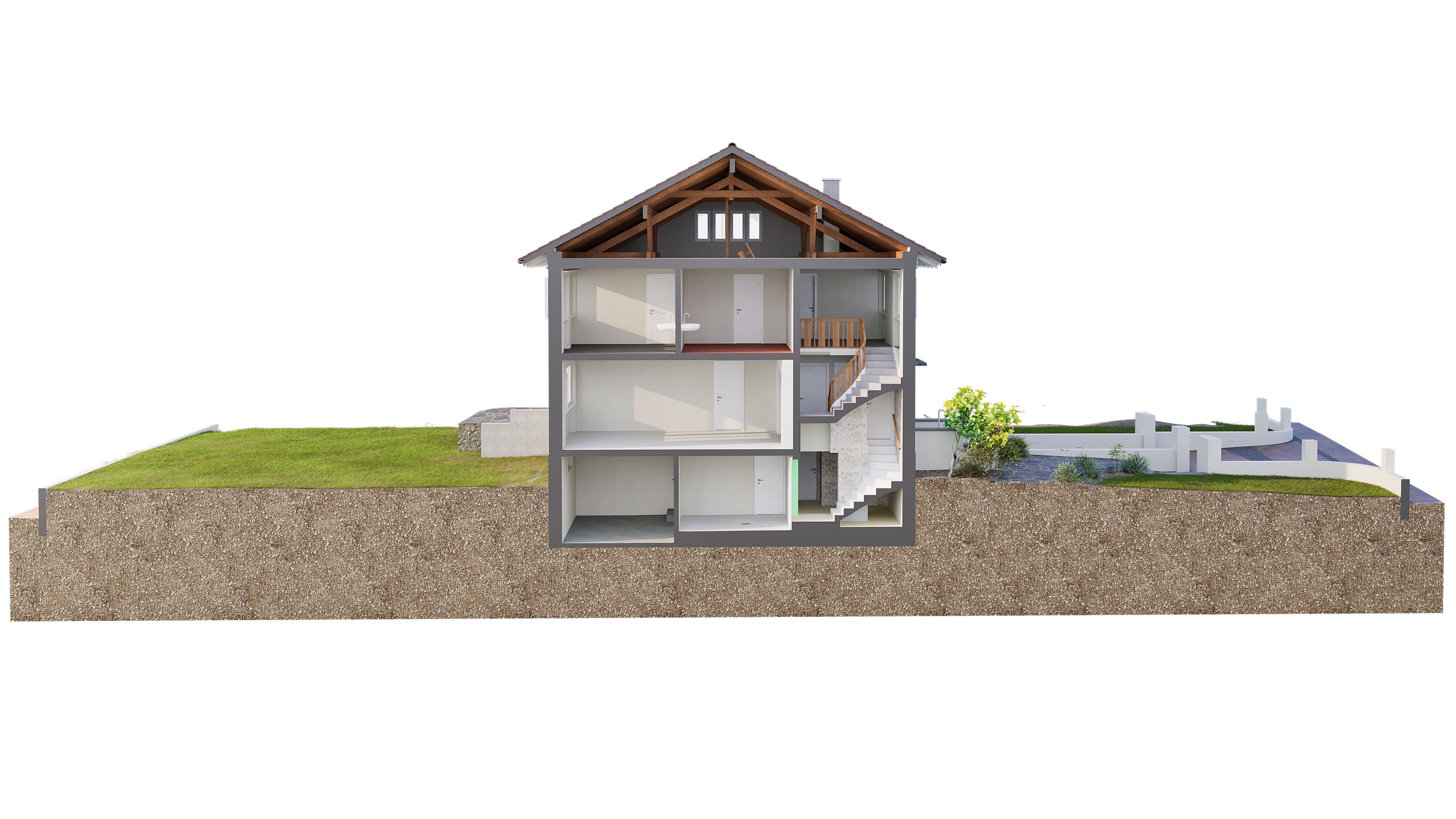 Ein modernes Haus im Querschnitt mit drei Geschossen, umgeben von einem großzügigen Garten mit Pool.