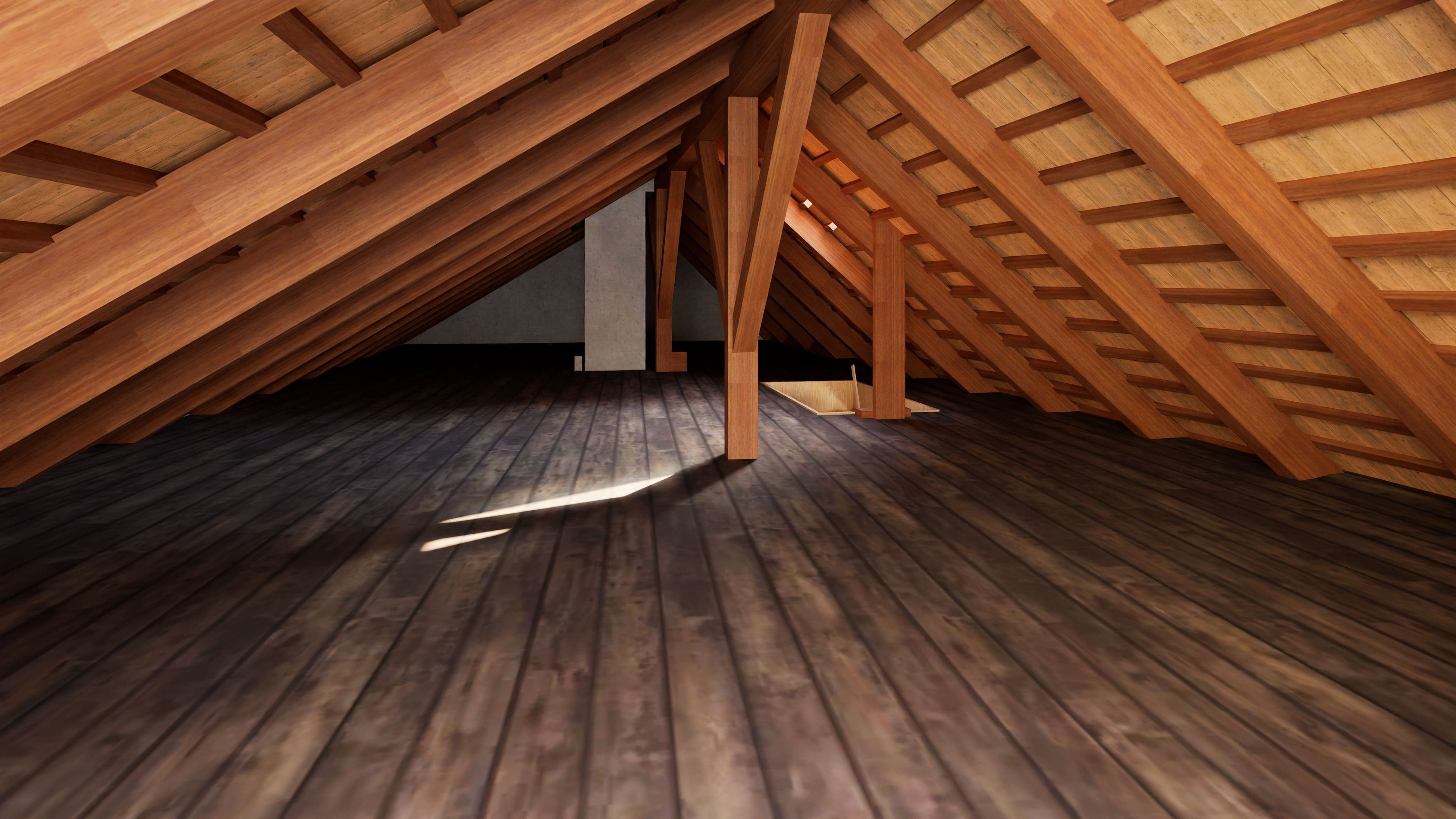Ausgebauter Dachboden mit sichtbarem Holz-Dachstuhl, Sparren und Stützen, dunklem Holzboden und einfallendem Sonnenlicht – leerer Dachraum unter Schrägen, Innenansicht einer Dachkonstruktion.