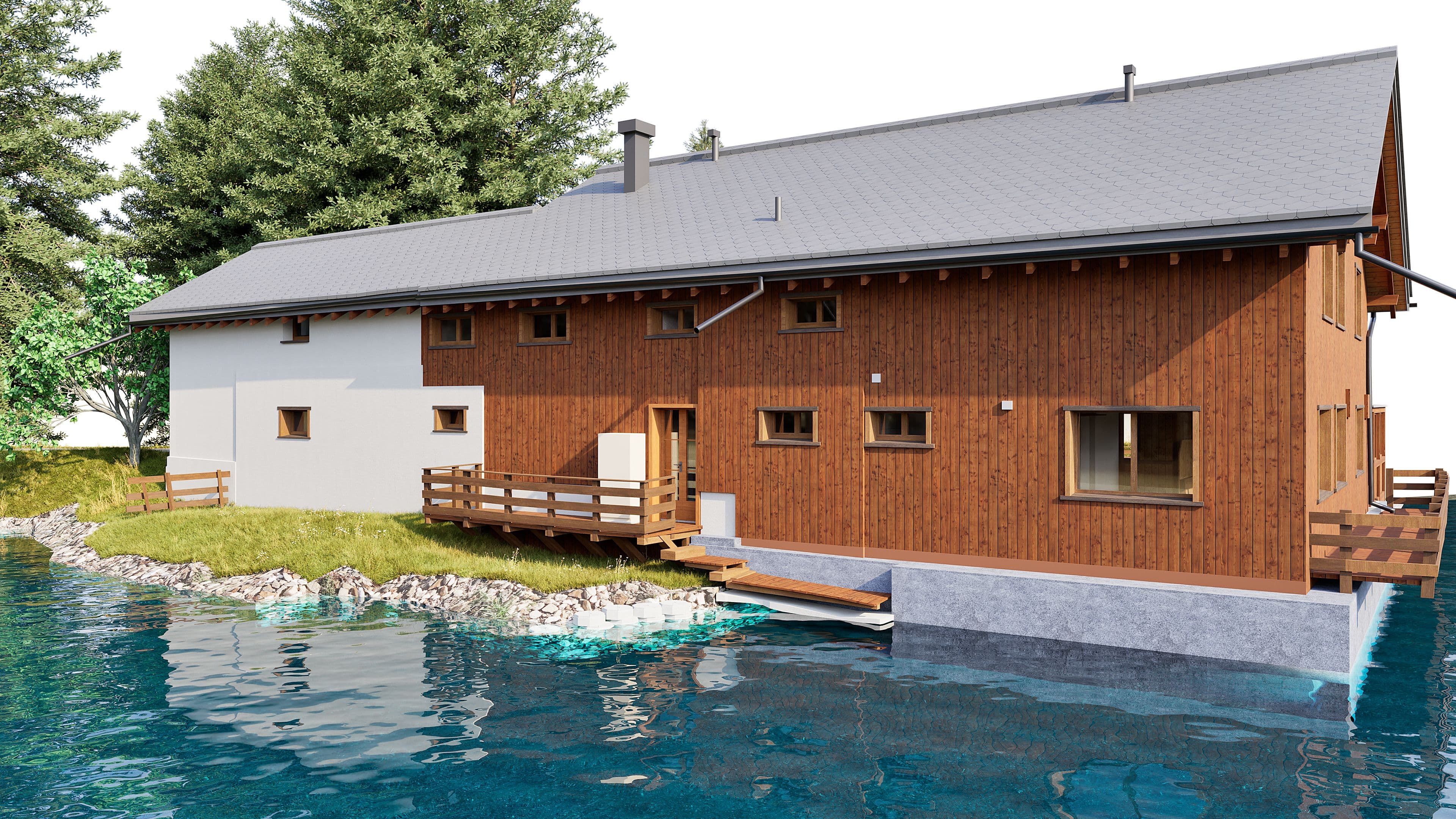 3D-Visualisierung eines modernen Holzhauses am Seeufer mit Terrasse, Fenstern und grauem Satteldach, umgeben von Bäumen und Felsen, spiegelndes Wasser im Vordergrund.