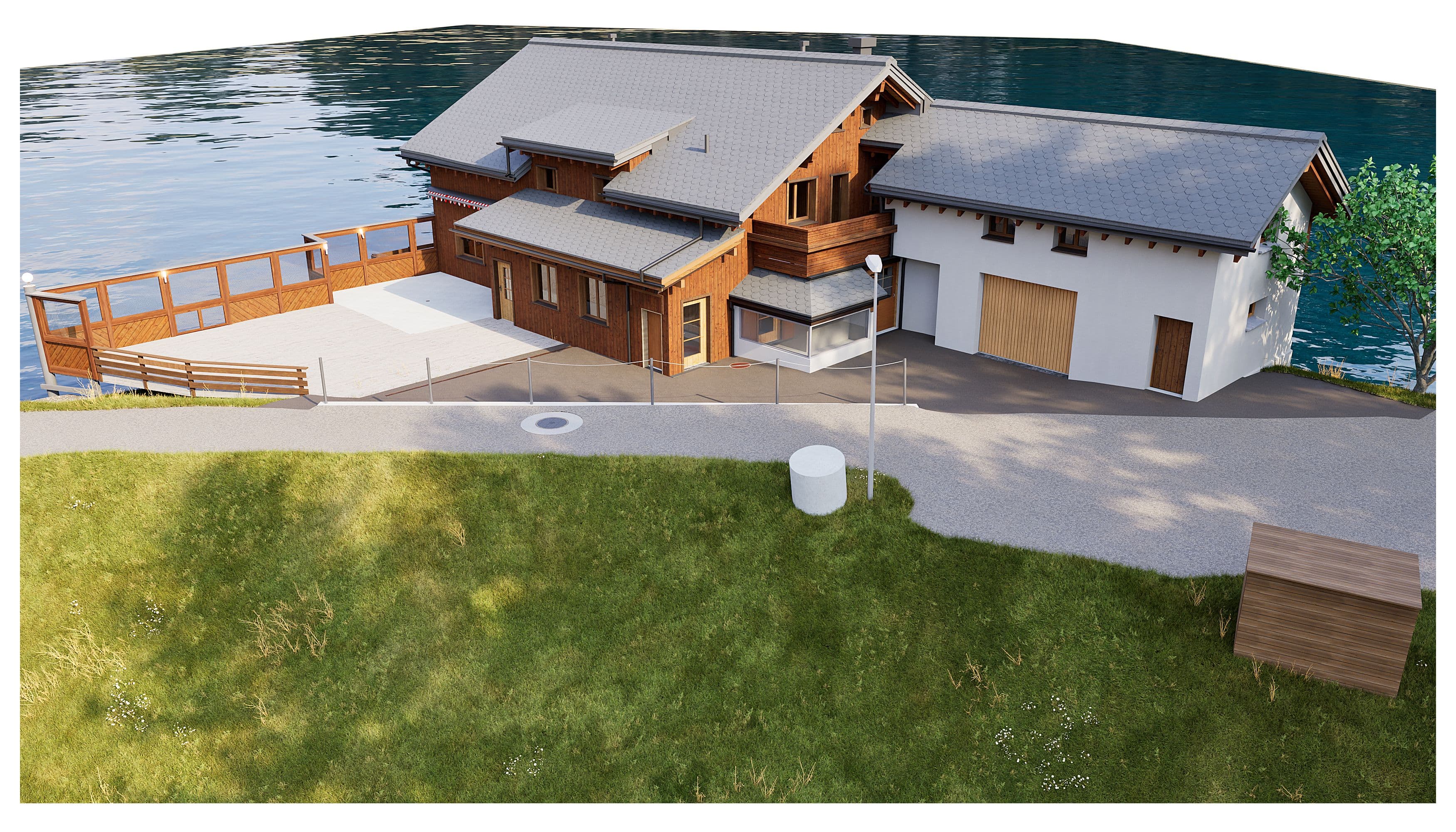 3D-Architekturvisualisierung eines modernen Holzchalets am See mit Terrasse, Steg, angrenzender Garage und Zufahrt, umgeben von Grünfläche.