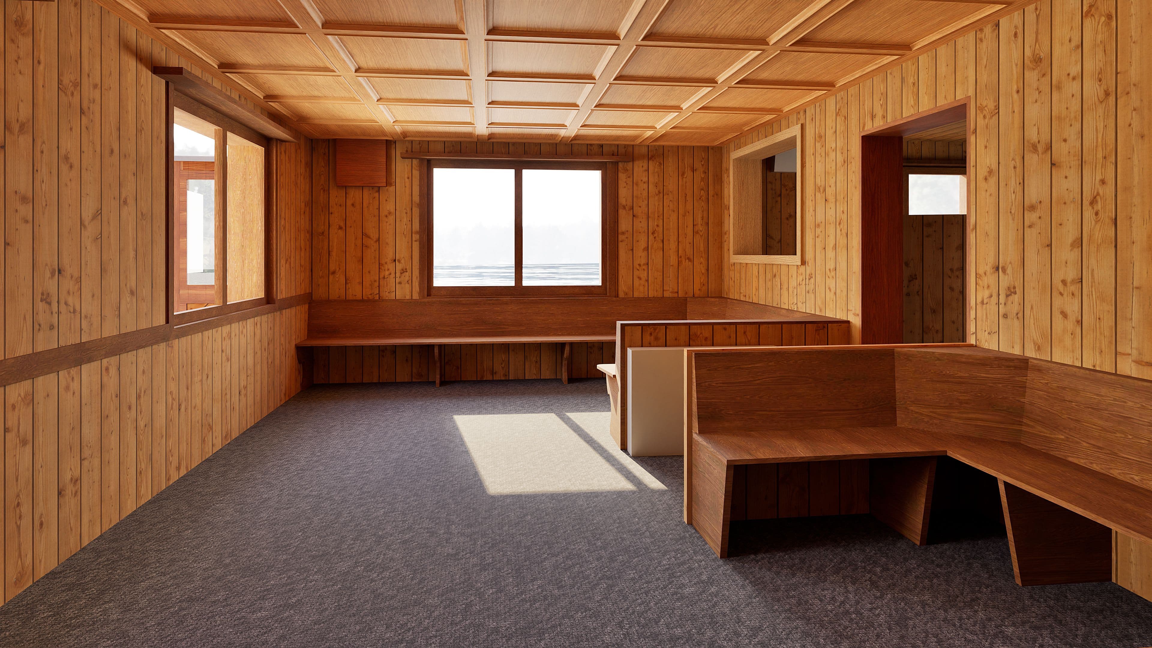 Holzvertäfelter Innenraum mit großen Fenstern, eingebauten Sitzbänken und Teppichboden, helles Tageslicht – moderner, minimalistischer Raum aus Holz für Wohnen oder Büro.