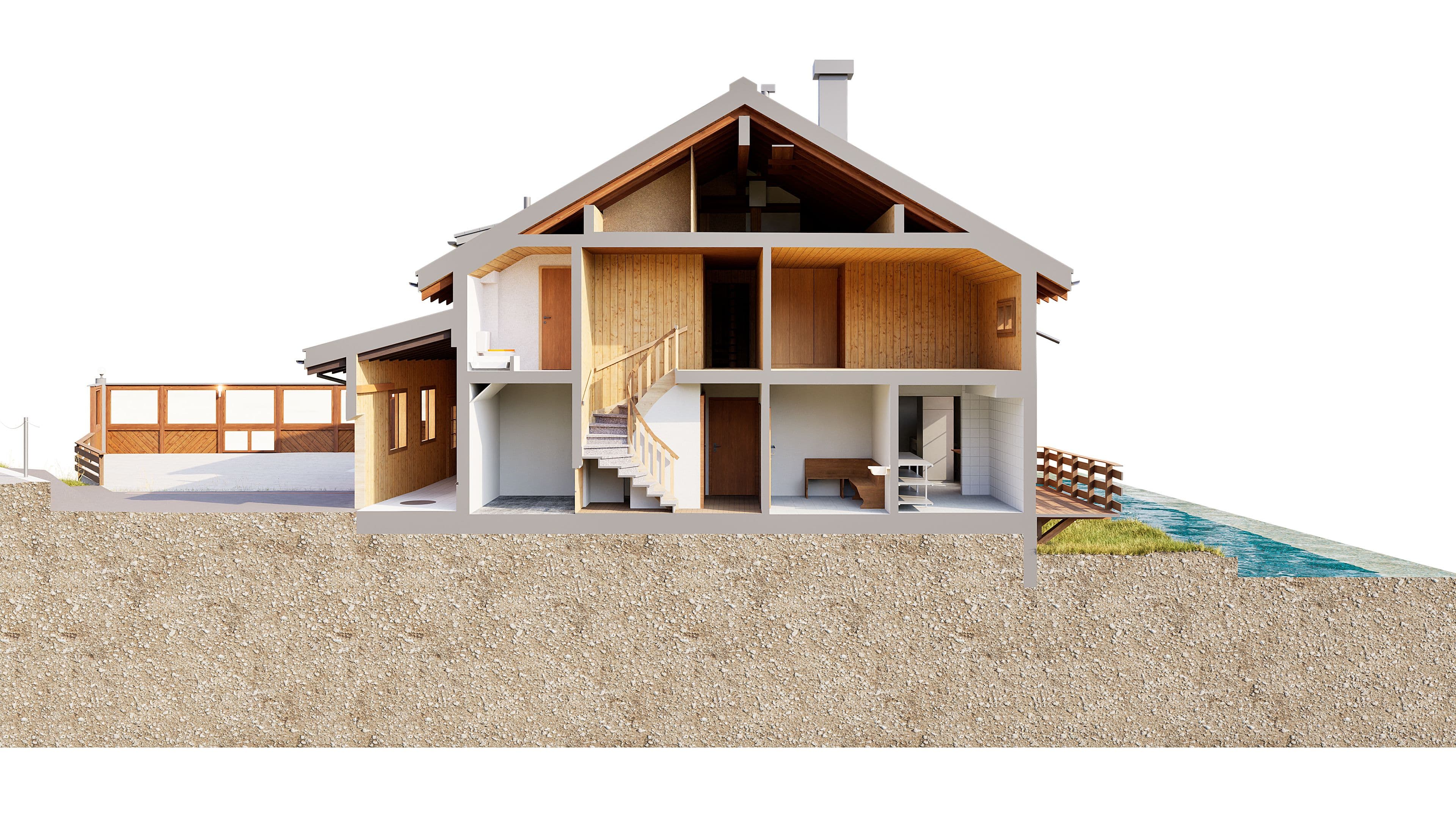 3D-Schnittansicht eines Holzhauses mit Dachstuhl, Treppe und mehreren Räumen, dargestellt als architektonisches Modell mit Fundament und Außenbereich.