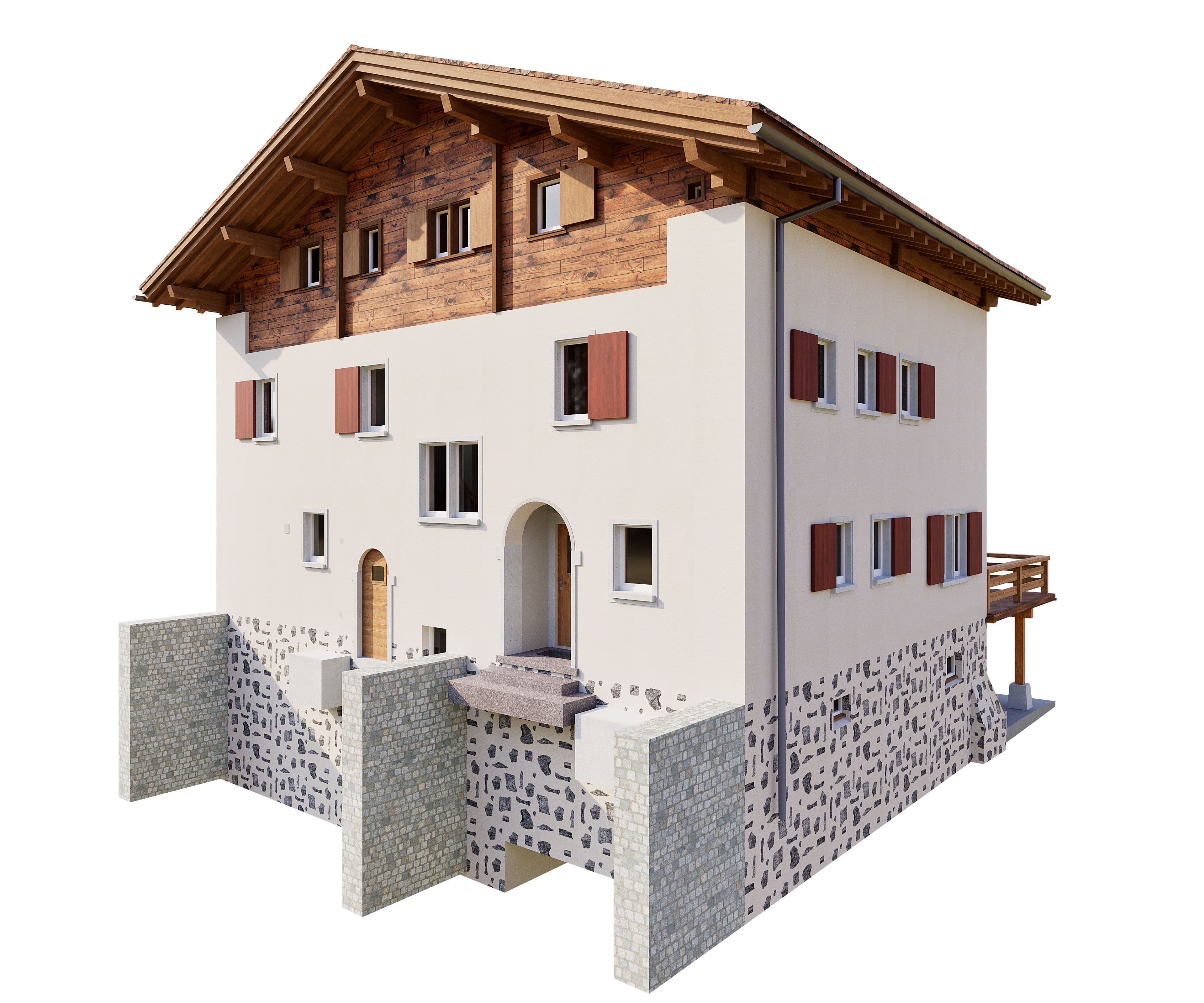 3D-Visualisierung eines traditionellen Alpenhauses mit weißer Fassade, Holzgiebel, roten Fensterläden und steinernem Sockel auf weißem Hintergrund.