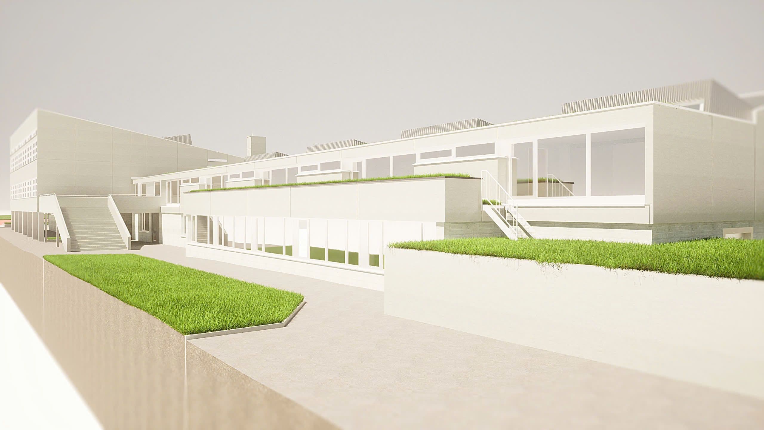 Moderner Architektenentwurf eines Bürogebäudes mit begrünten Flachdächern und Terrassen.
