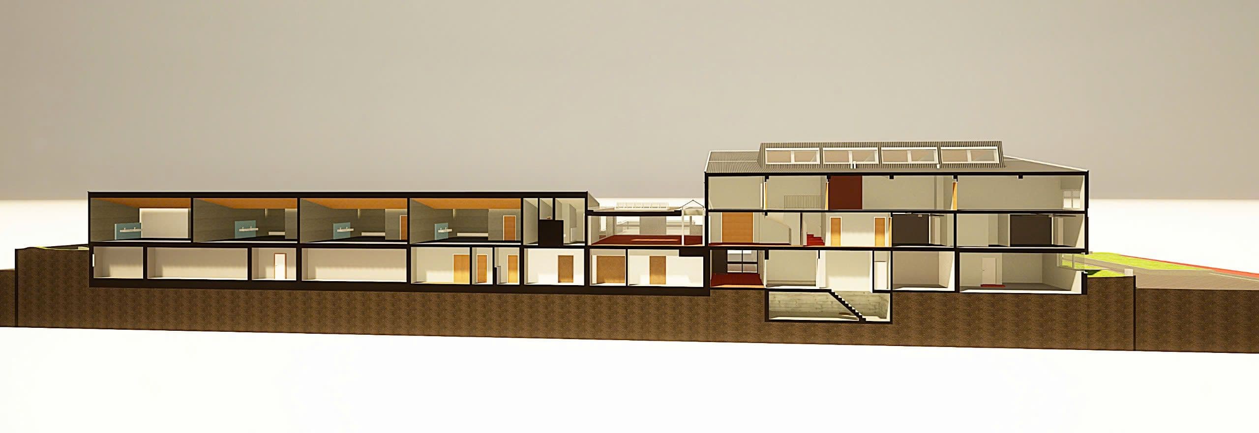 Moderner Architekturentwurf eines Mehrfamilienhauses mit gestaffelten Ebenen und klaren Linien.