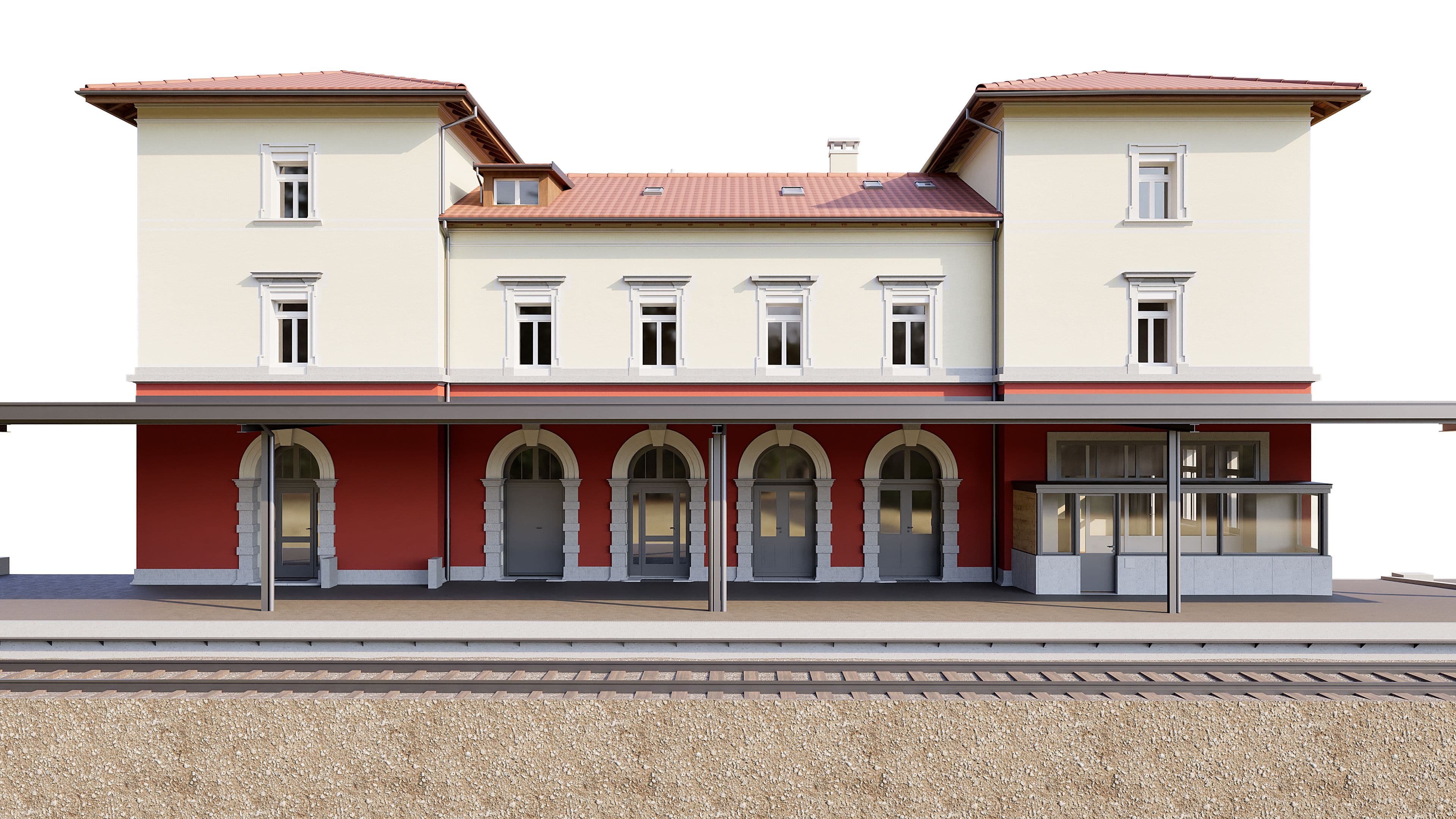 Frontansicht eines historischen Bahnhofsgebäudes mit roten Ziegelarkaden, beigem Obergeschoss, roten Ziegeldächern und Bahnsteigüberdachung, freigestellt auf weißem Hintergrund.