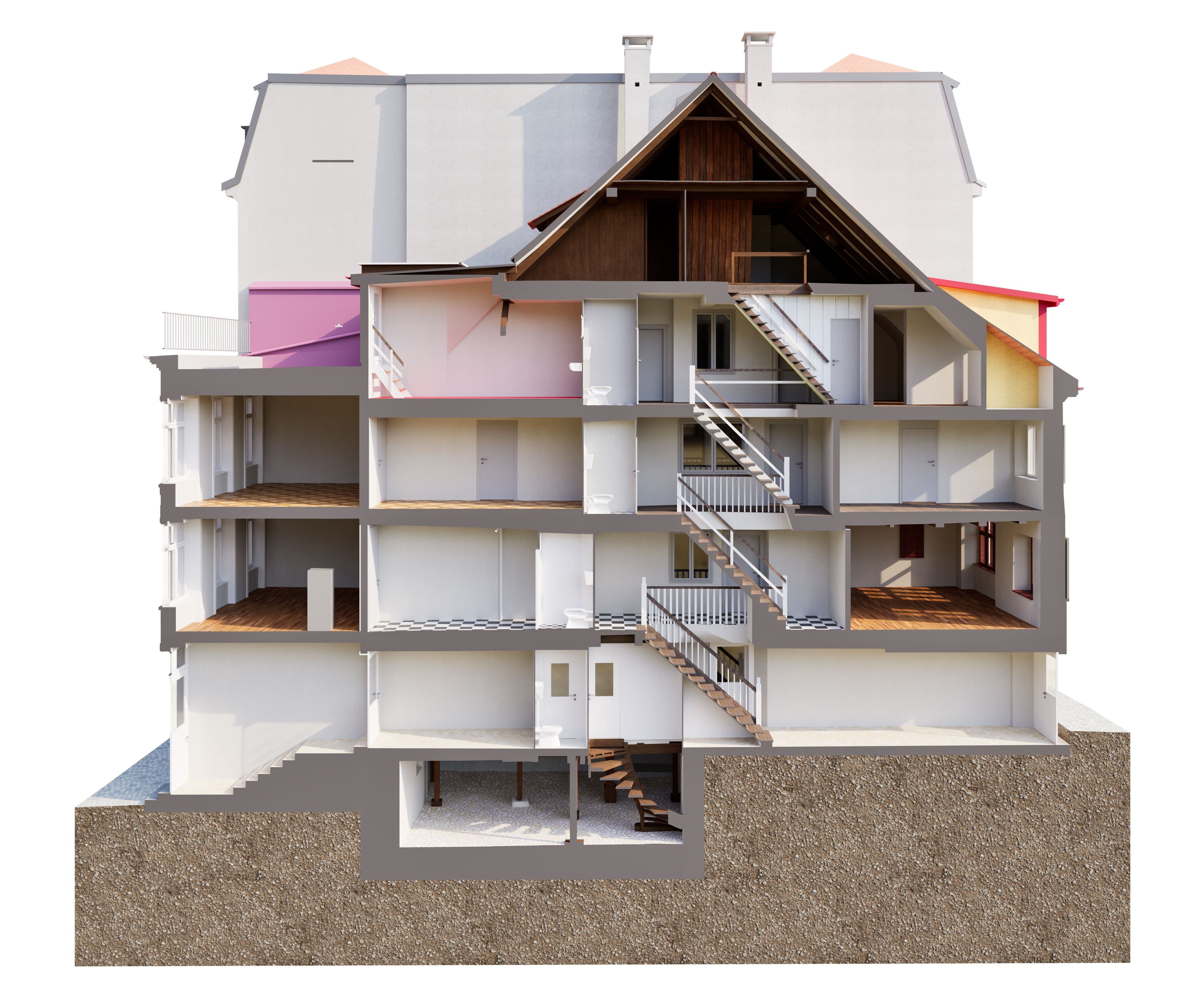 3D-Schnittmodell eines mehrstöckigen Wohnhauses mit Dachgeschoss, Treppenhaus, Etagen und Keller – Architektur-Querschnitt mit Innenräumen und Fundament auf weißem Hintergrund.